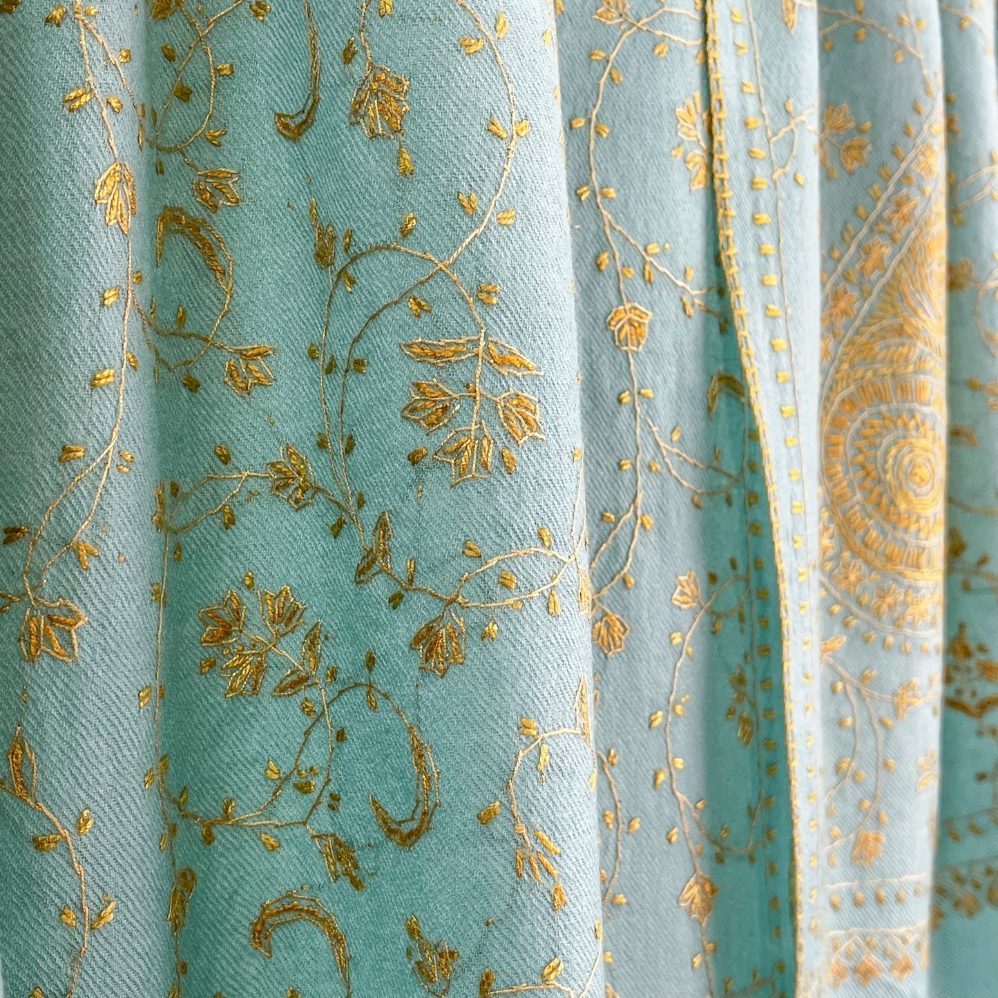 Wool Arly Hand Embroidered Stole (White/Light Green)