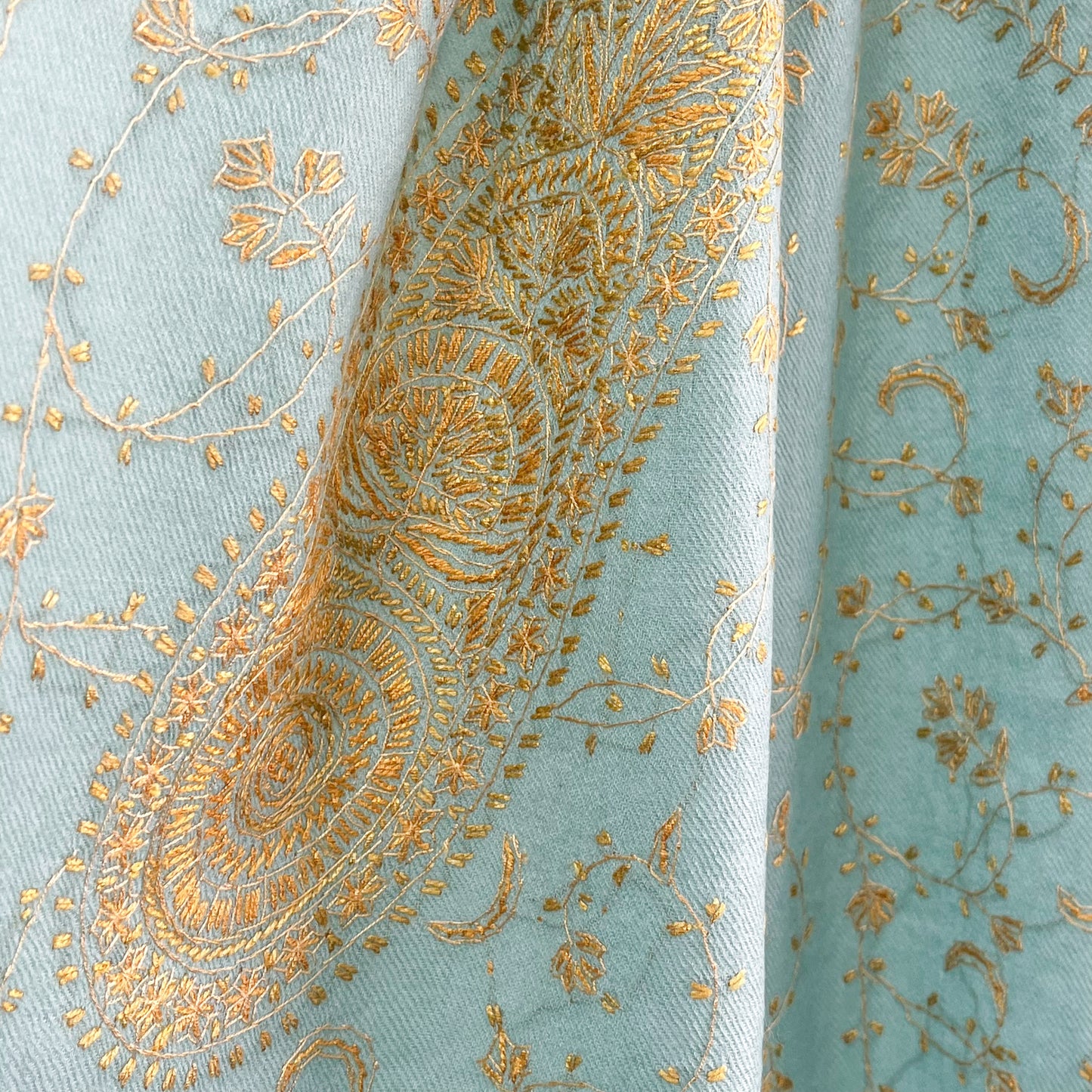 Wool Arly Hand Embroidered Stole (White/Light Green)