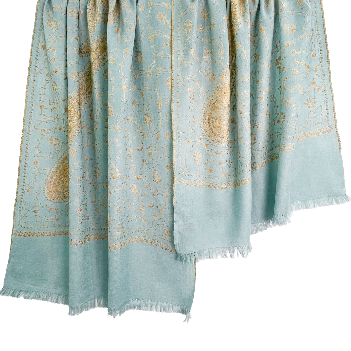 Wool Arly Hand Embroidered Stole (White/Light Green)