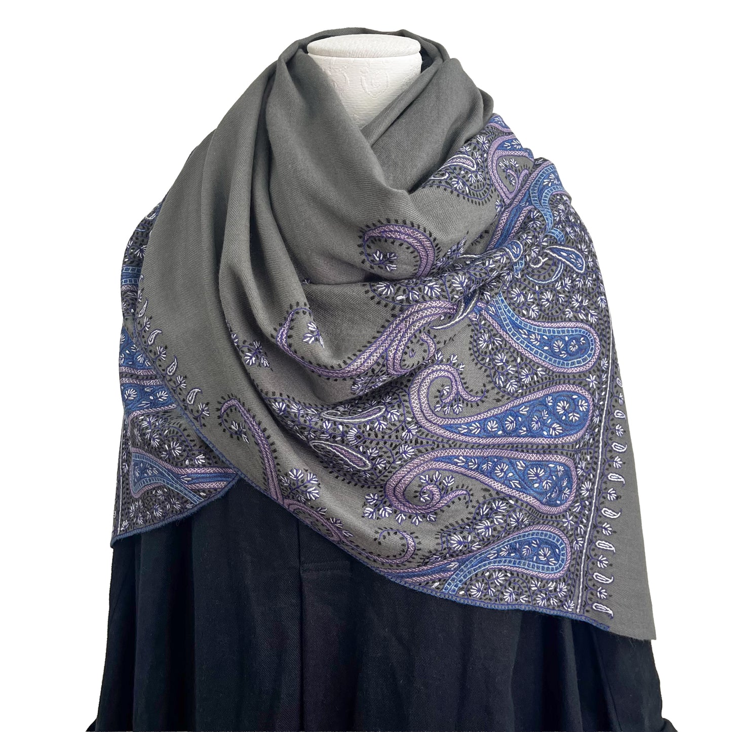 Paisley Waves ウール ニードル手刺繍ストール (グレー/パープル)