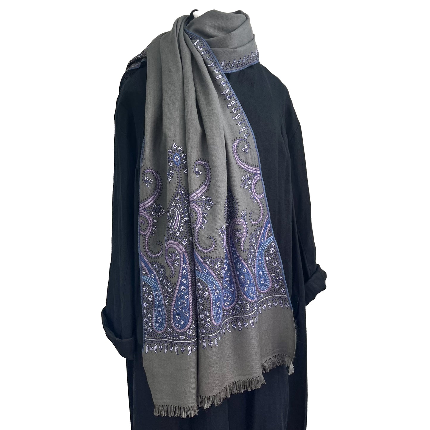 Paisley Waves ウール ニードル手刺繍ストール (グレー/パープル)
