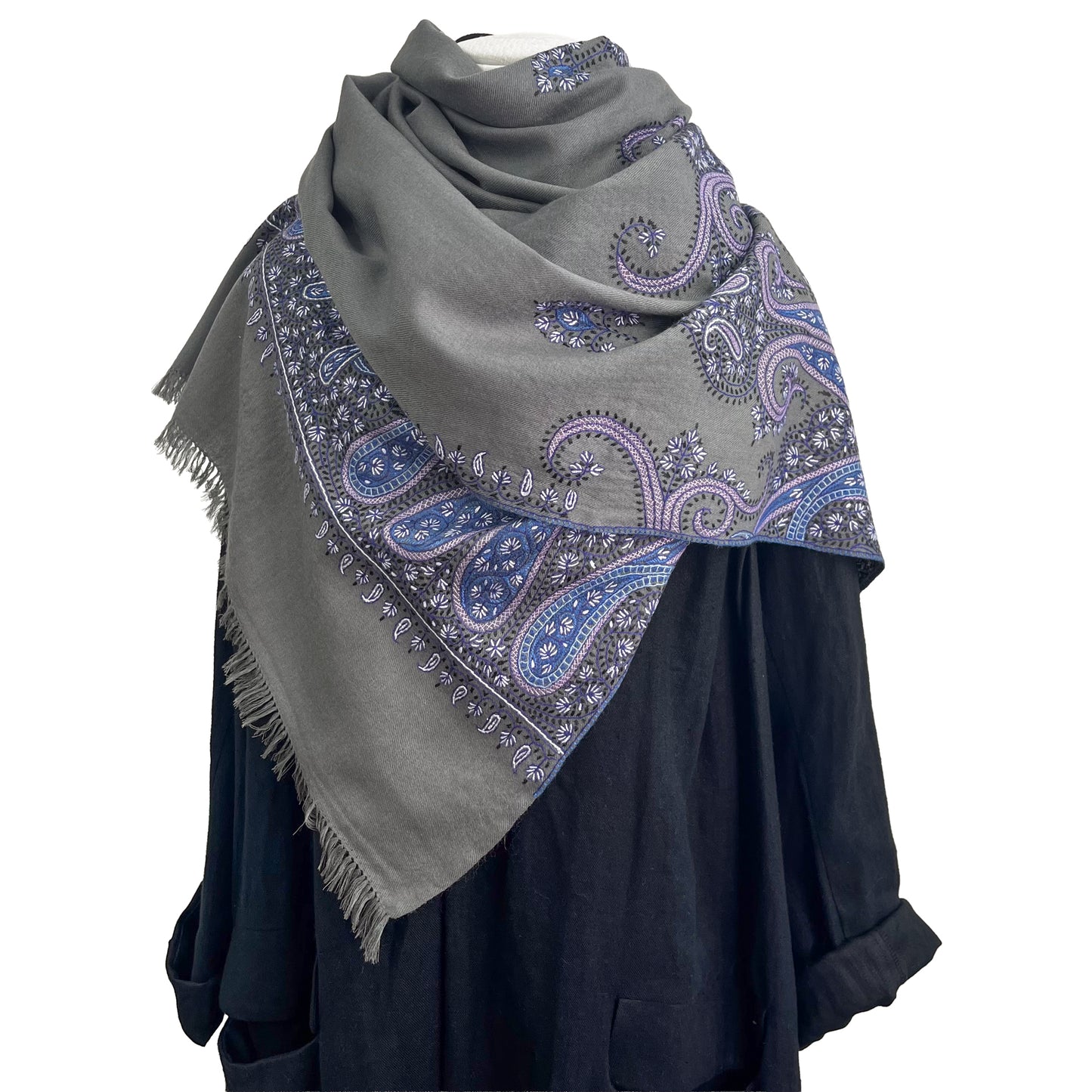 Paisley Waves ウール ニードル手刺繍ストール (グレー/パープル)