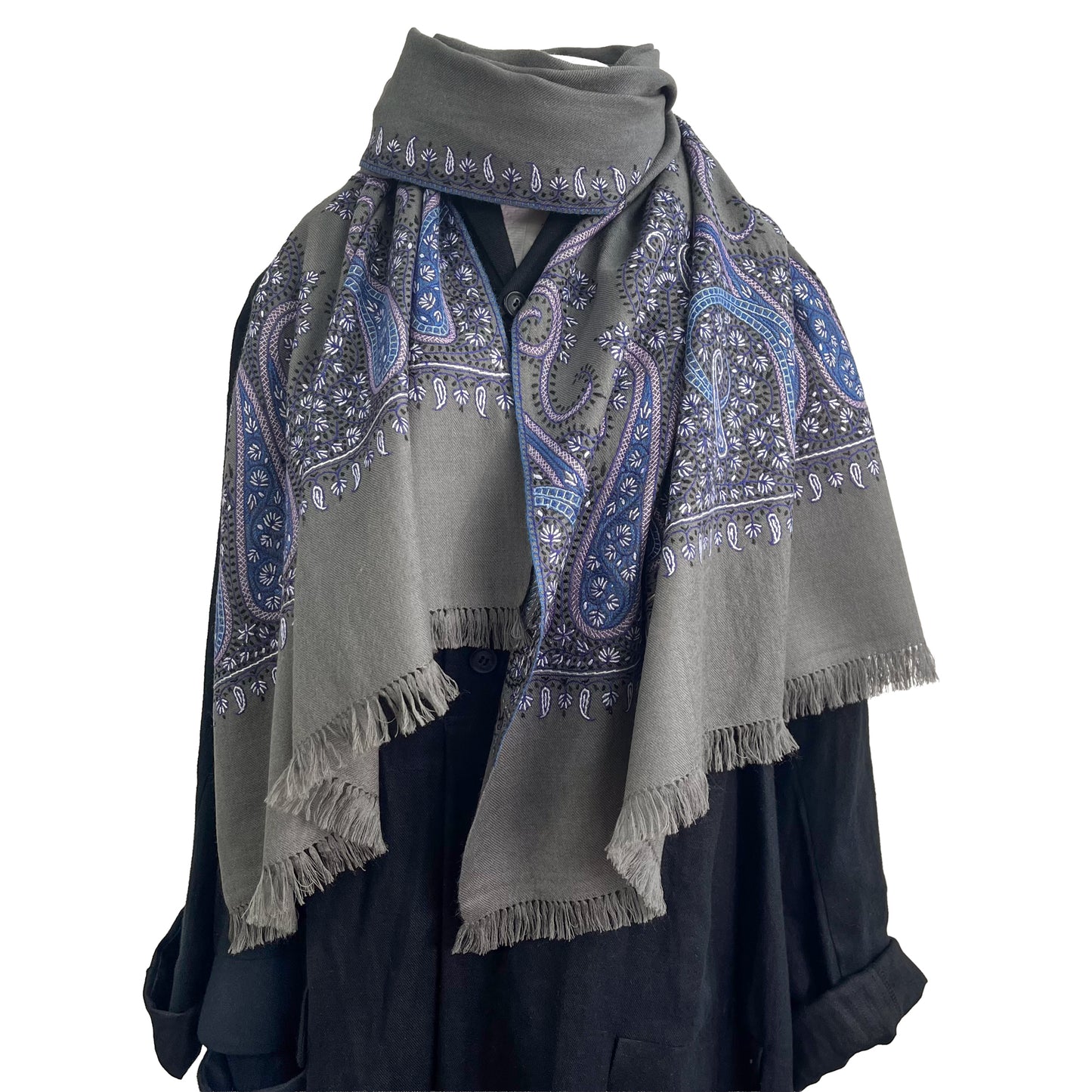 Paisley Waves ウール ニードル手刺繍ストール (グレー/パープル)