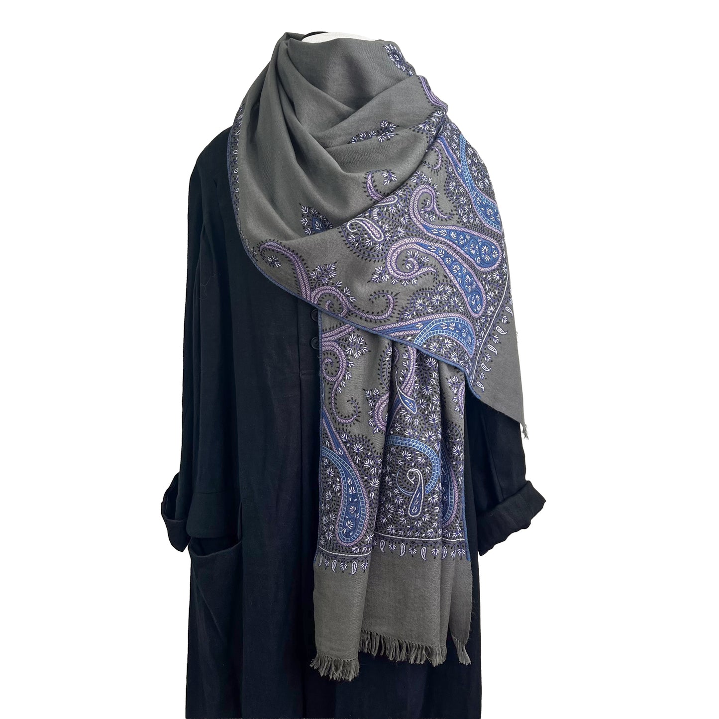 Paisley Waves ウール ニードル手刺繍ストール (グレー/パープル)