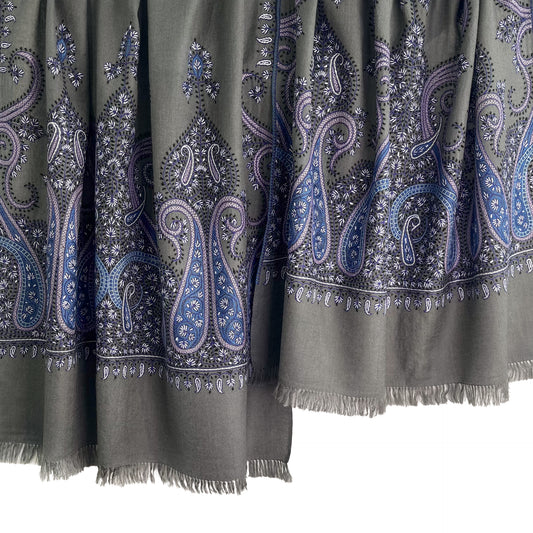 Paisley Waves ウール ニードル手刺繍ストール (グレー/パープル)