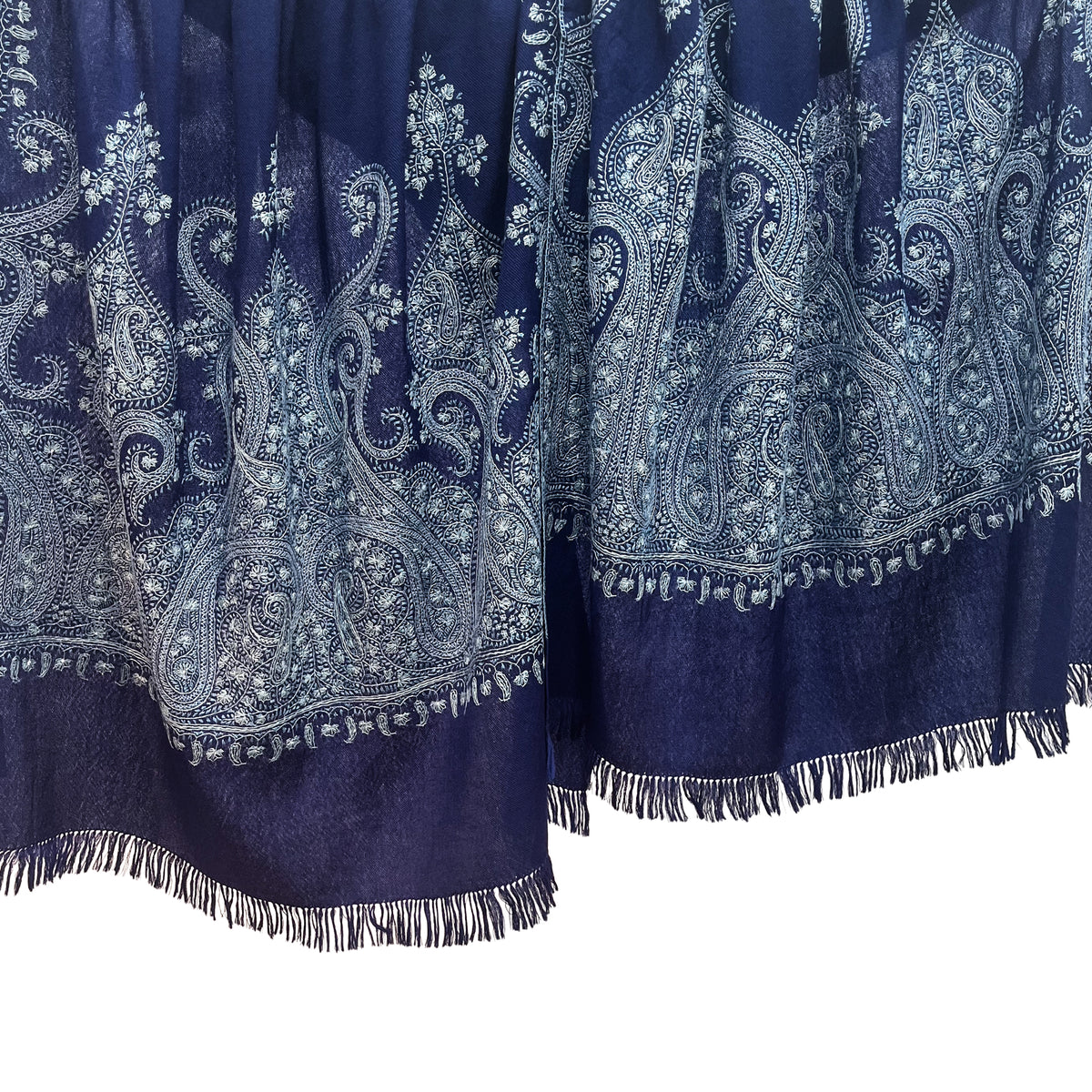 Paisley Waves ウール ニードル手刺繍ストール (ダークネイビー)