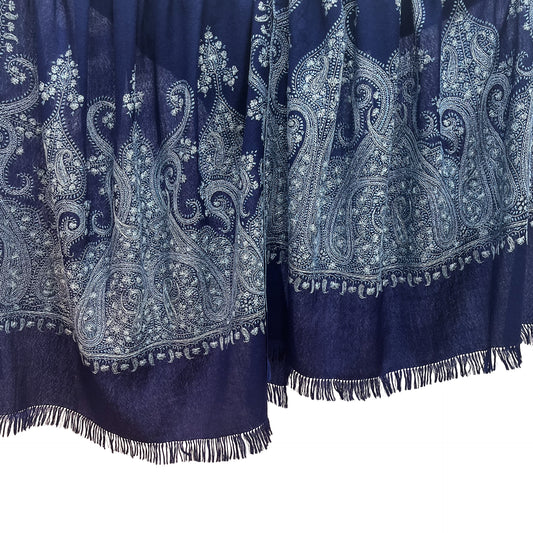 Paisley Waves ウール ニードル手刺繍ストール (ダークネイビー)