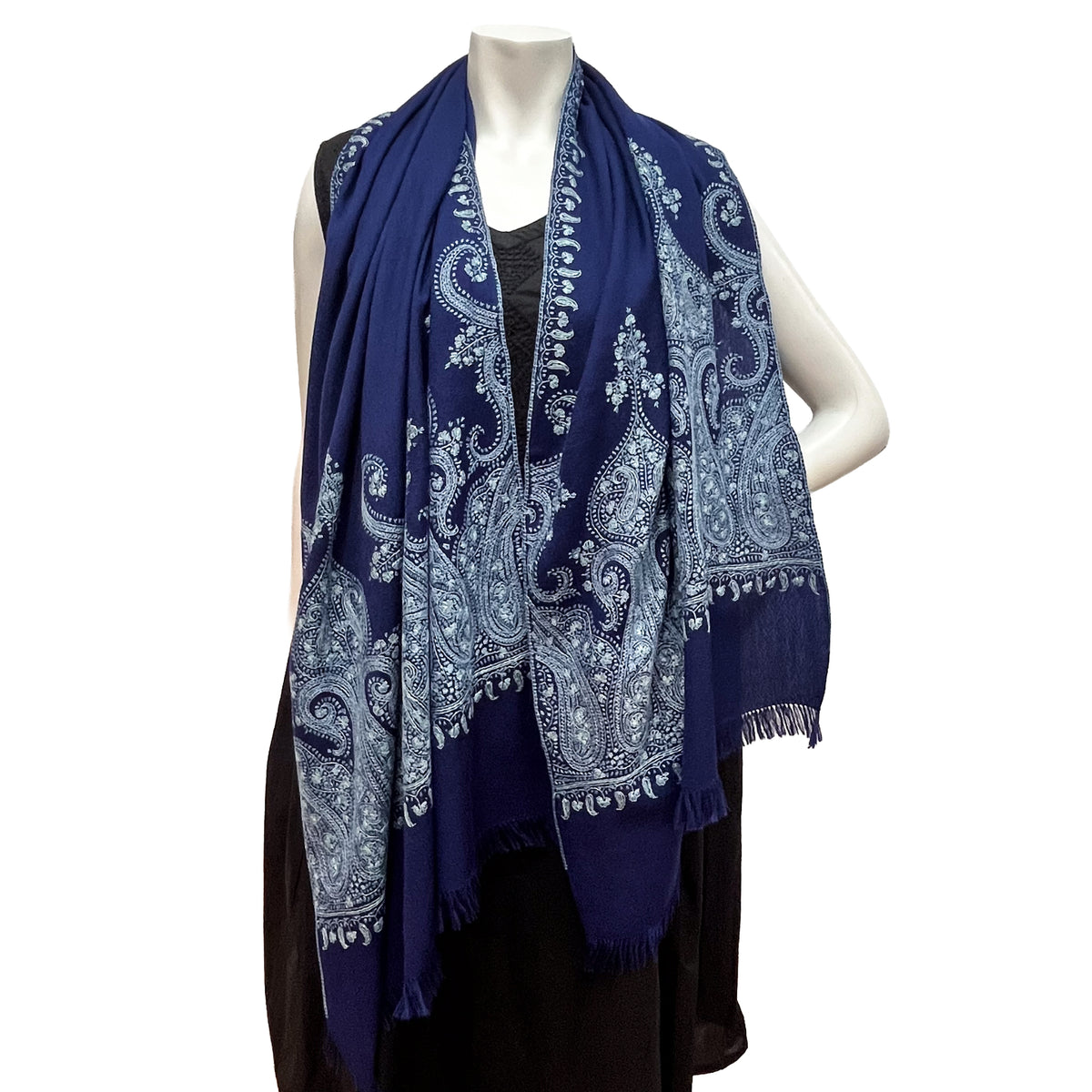 Paisley Waves ウール ニードル手刺繍ストール (ダークネイビー)
