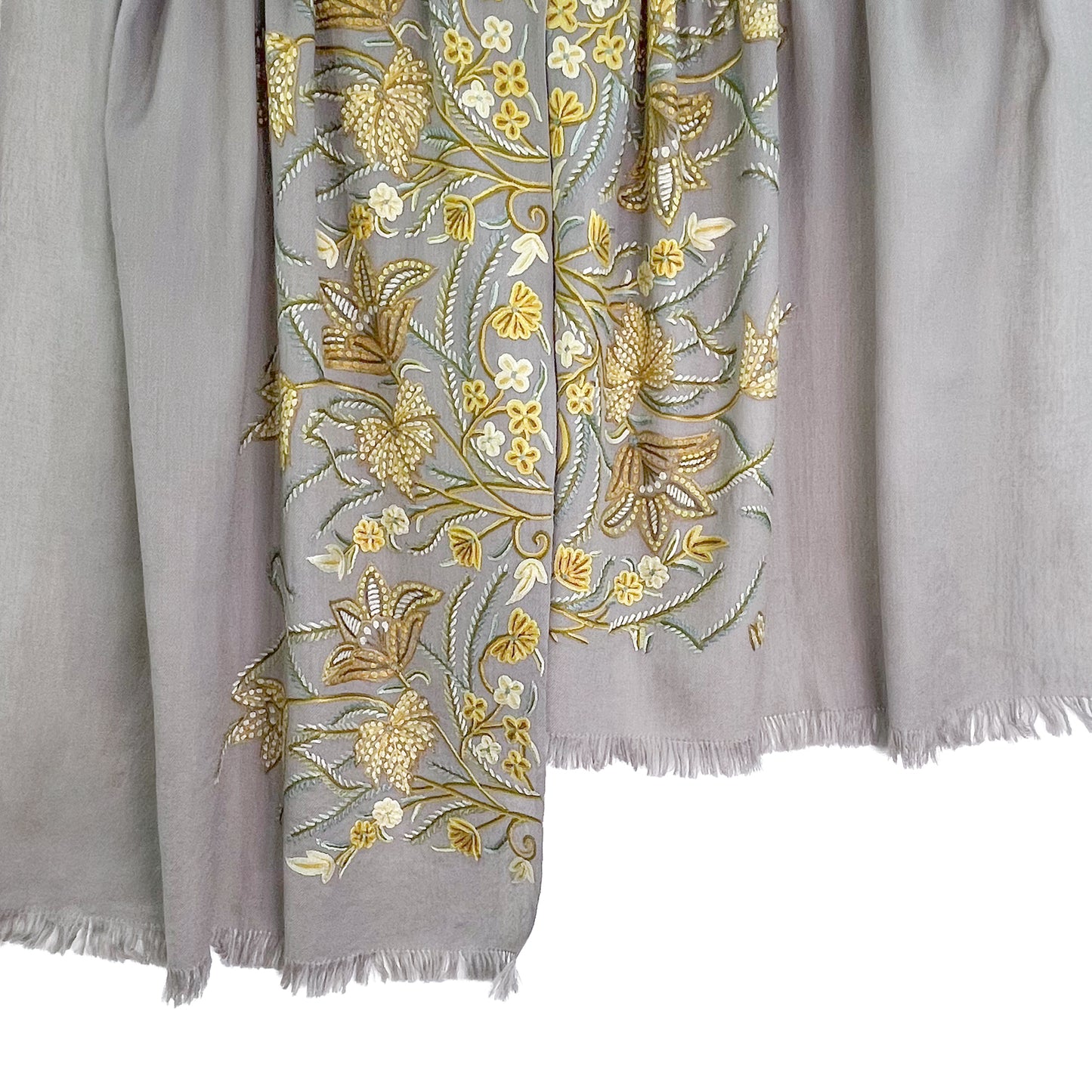 フラワーモチーフウール アリー手刺繍ストール(グレージュ/イエロー)