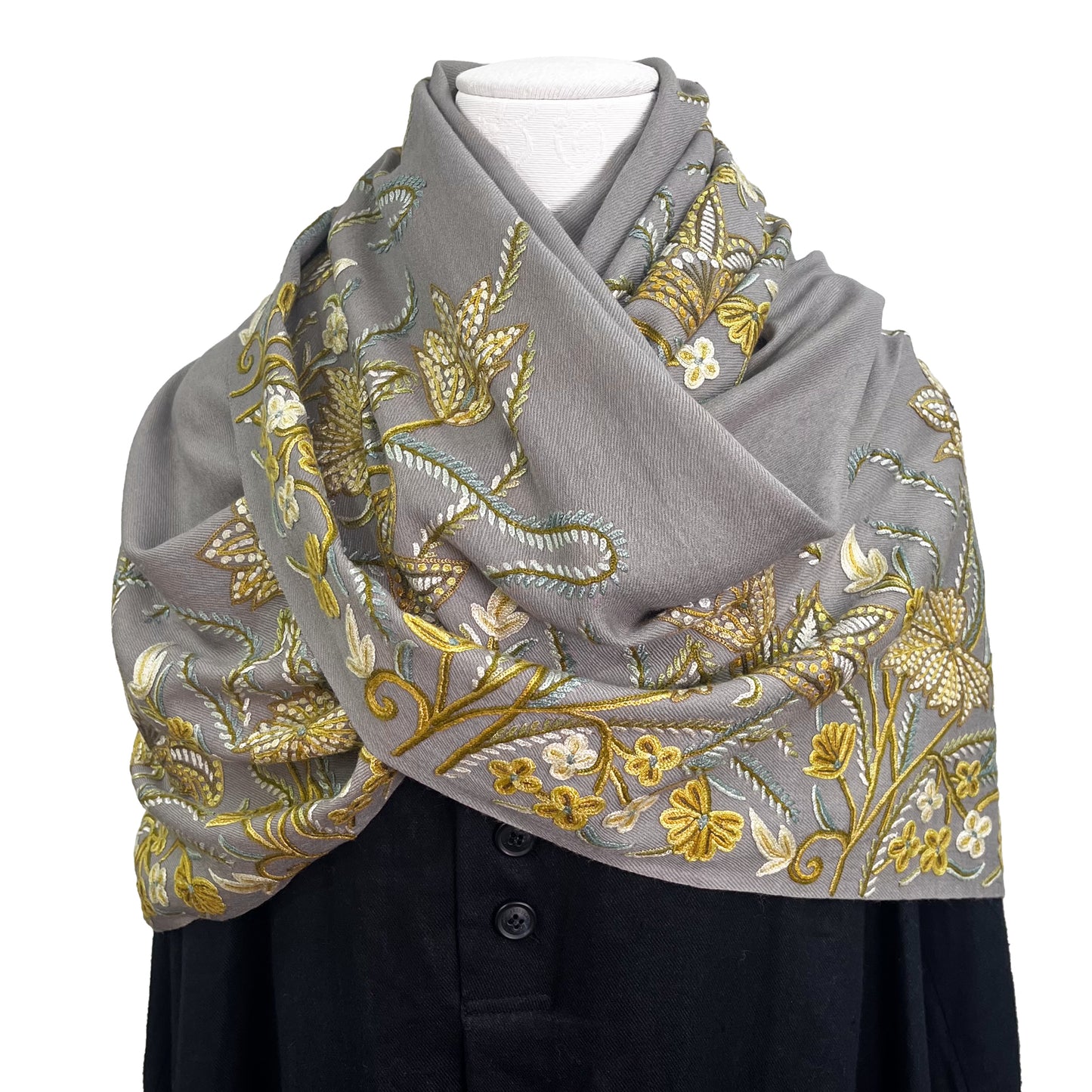 フラワーモチーフウール アリー手刺繍ストール(グレージュ/イエロー)