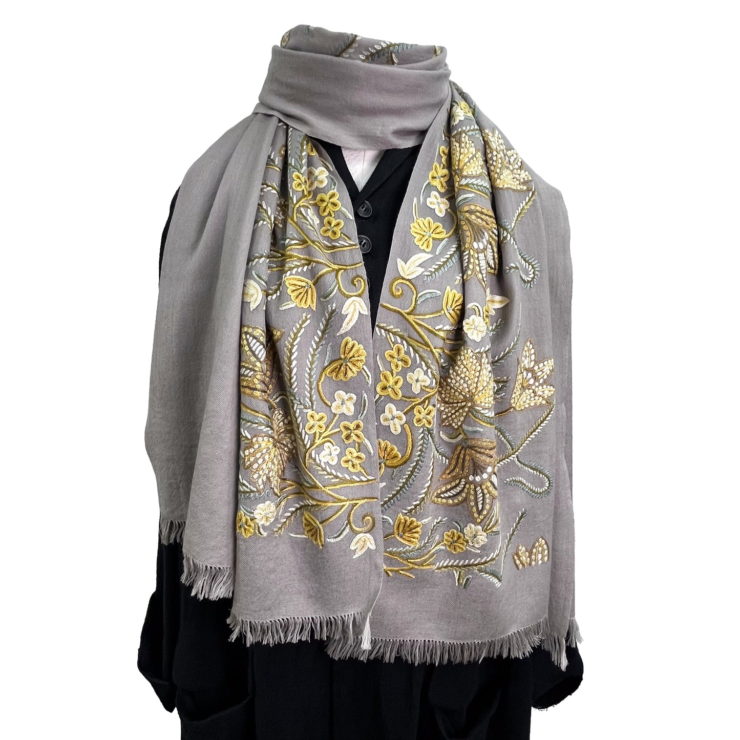 フラワーモチーフウール アリー手刺繍ストール(グレージュ/イエロー)