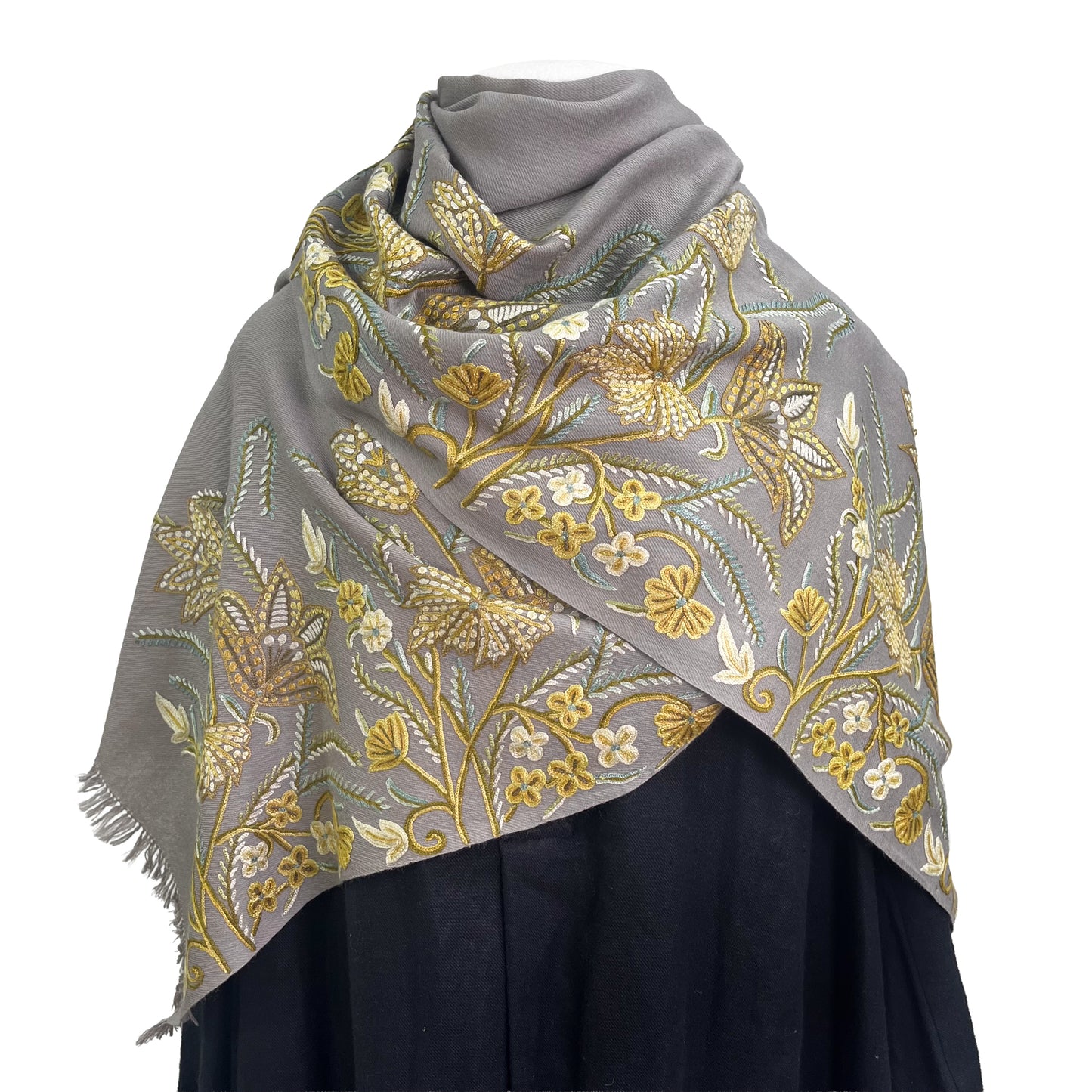 フラワーモチーフウール アリー手刺繍ストール(グレージュ/イエロー)