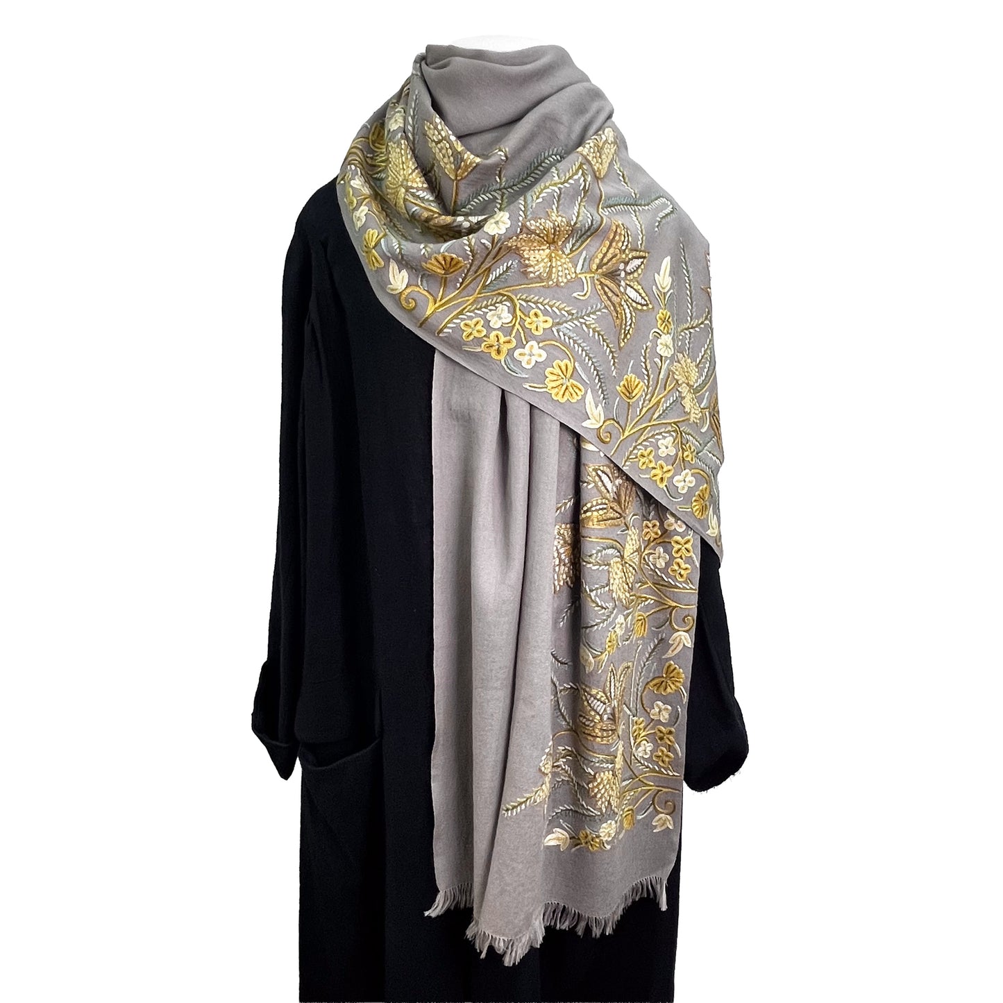 フラワーモチーフウール アリー手刺繍ストール(グレージュ/イエロー)