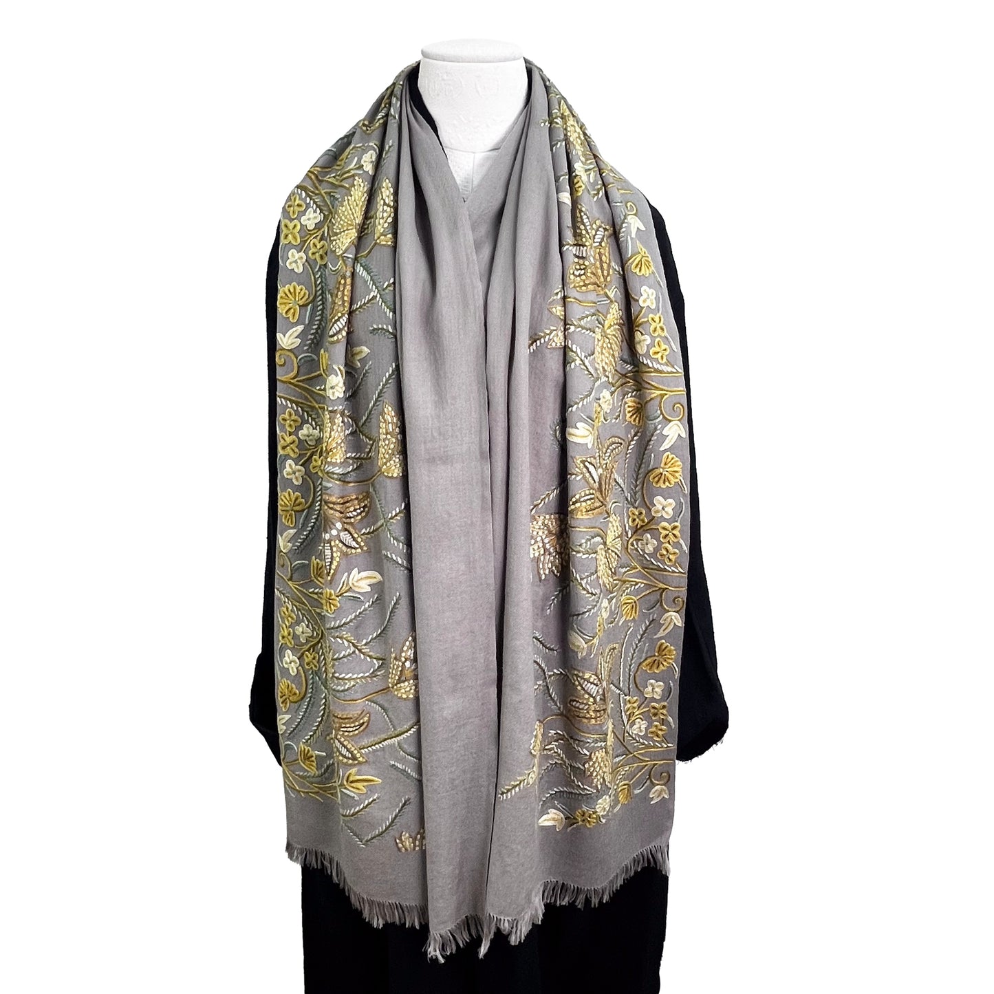 フラワーモチーフウール アリー手刺繍ストール(グレージュ/イエロー)