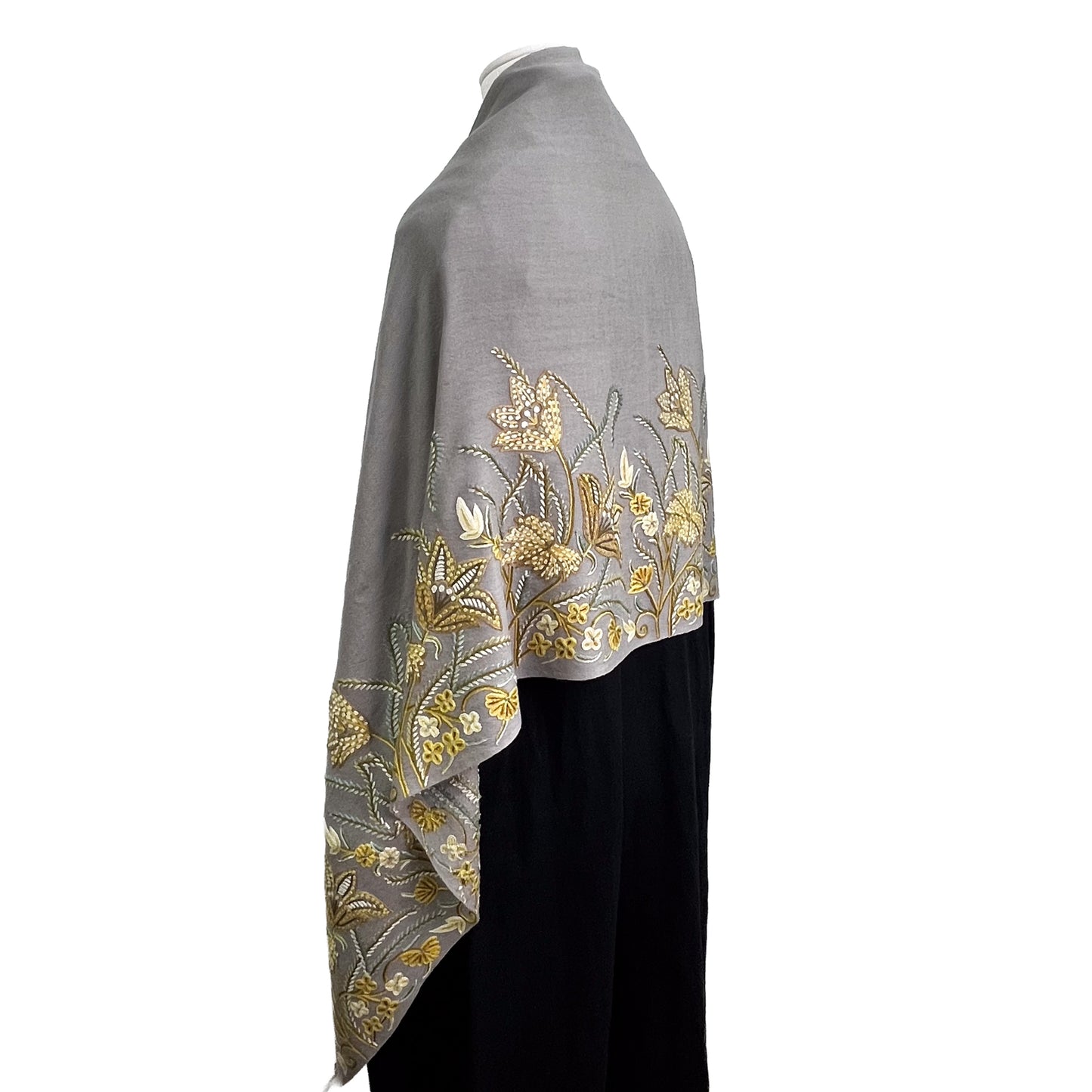 フラワーモチーフウール アリー手刺繍ストール(グレージュ/イエロー)