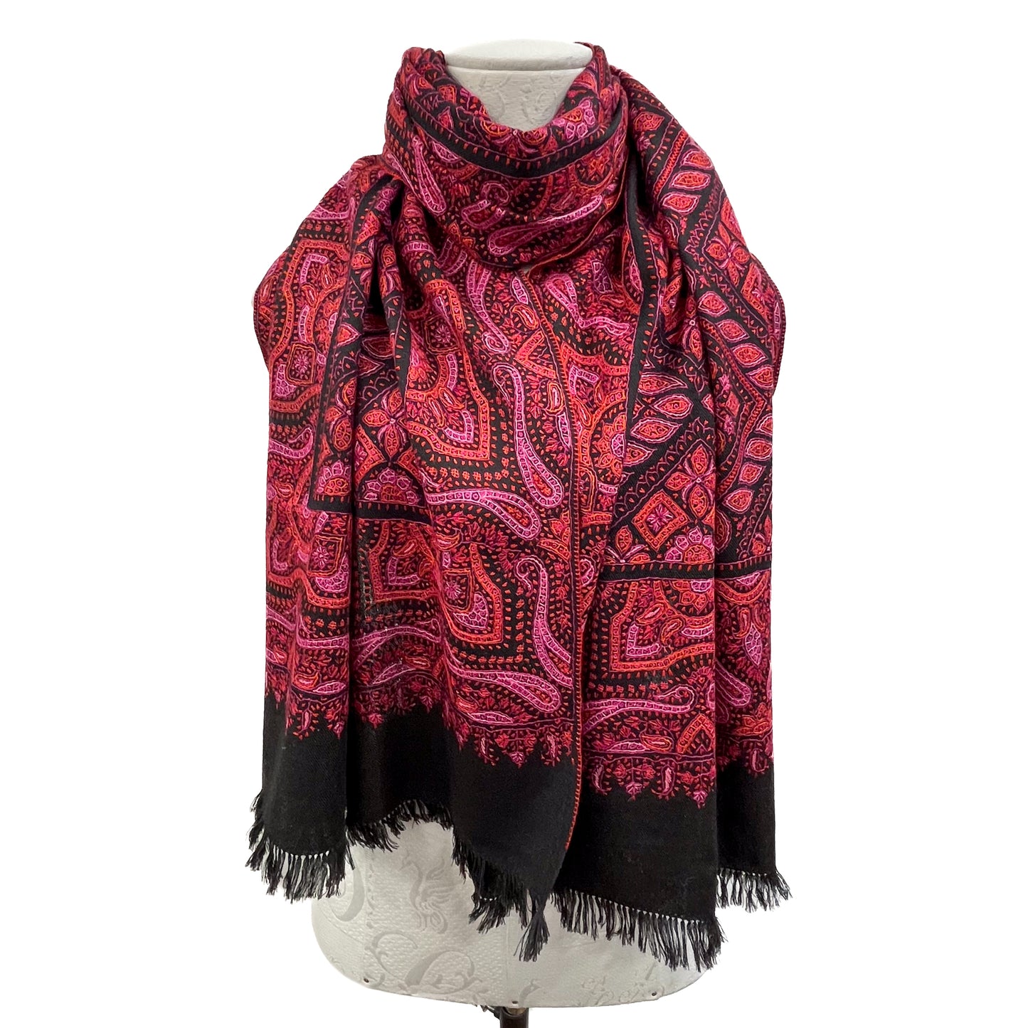 Wool Needle-Embroidered Stole (Black/Red)