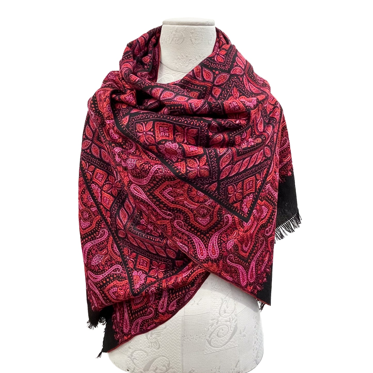 Wool Needle-Embroidered Stole (Black/Red)