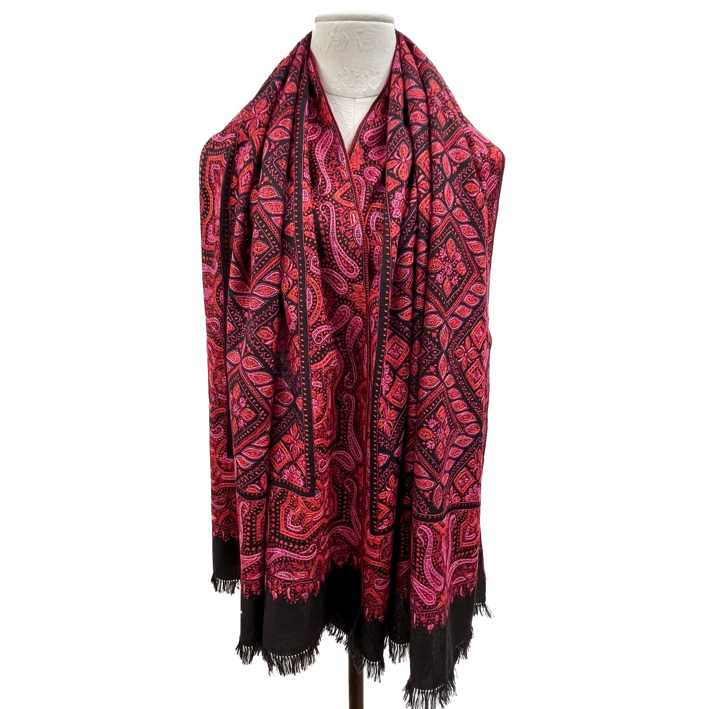 Wool Needle-Embroidered Stole (Black/Red)
