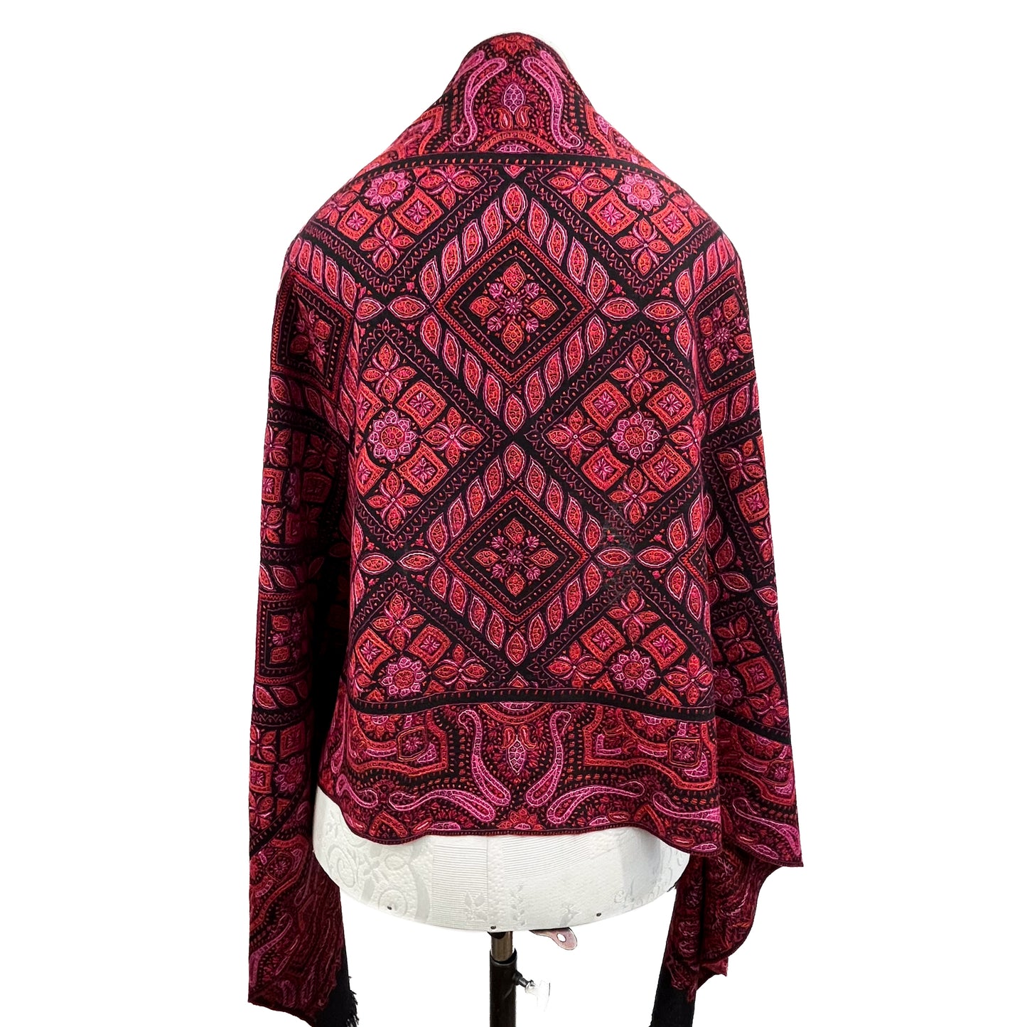 Wool Needle-Embroidered Stole (Black/Red)