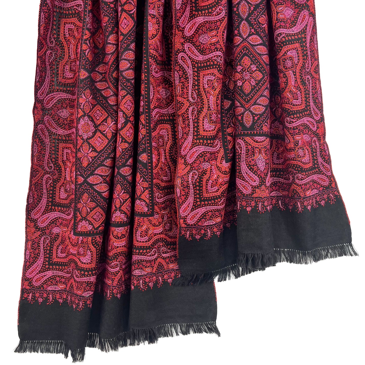 Wool Needle-Embroidered Stole (Black/Red)