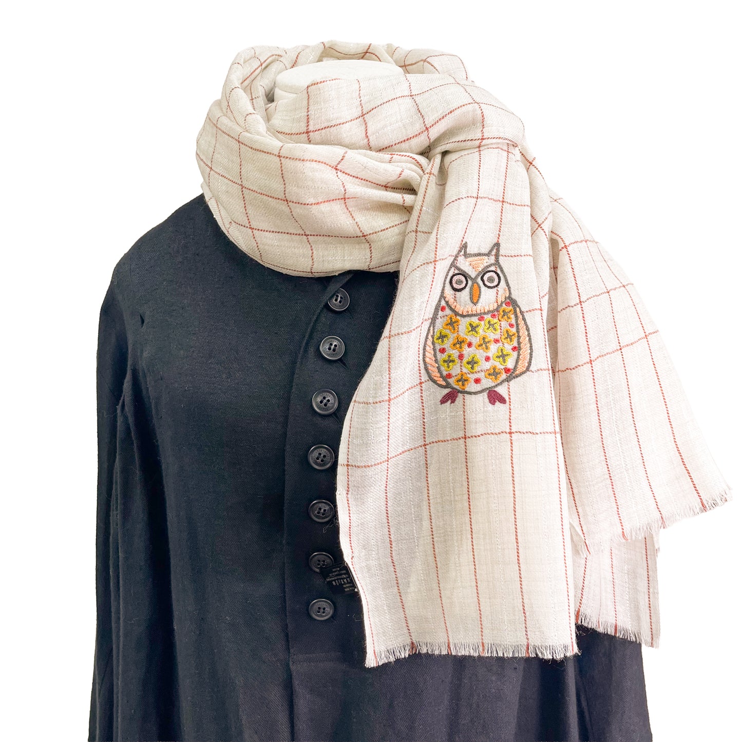 ウール&シルク アリー手刺繍ストール フクロウ (ホワイト)