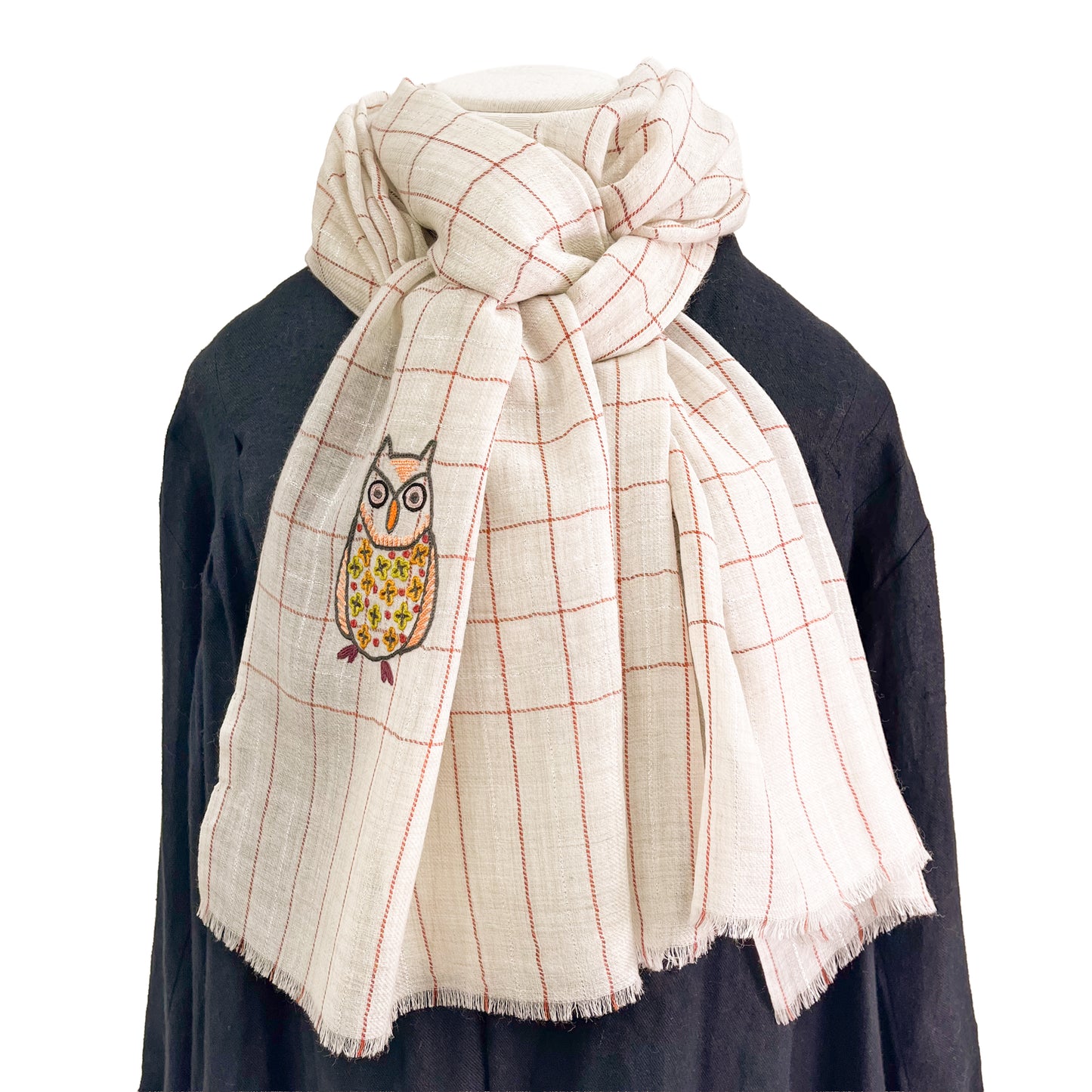 ウール&シルク アリー手刺繍ストール フクロウ (ホワイト)