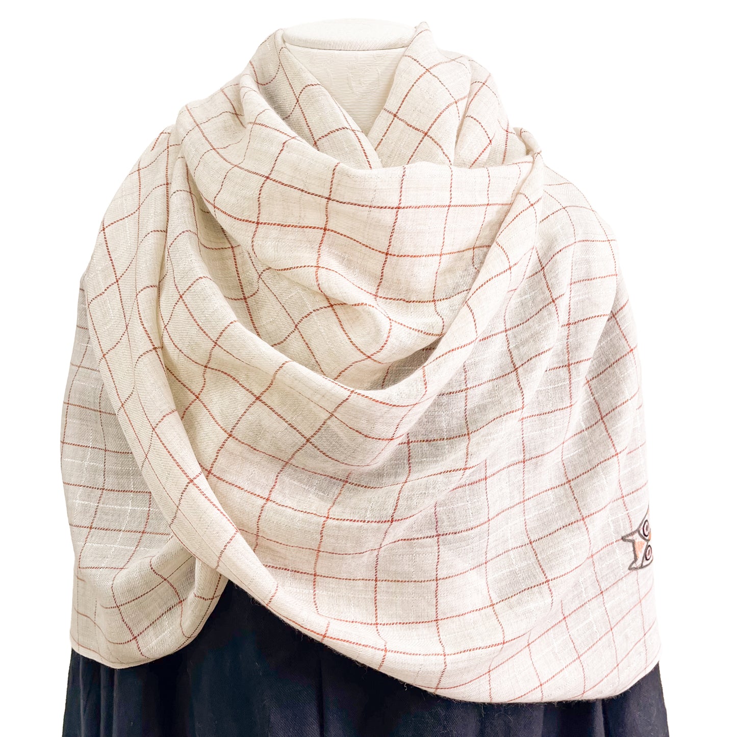 ウール&シルク アリー手刺繍ストール フクロウ (ホワイト)