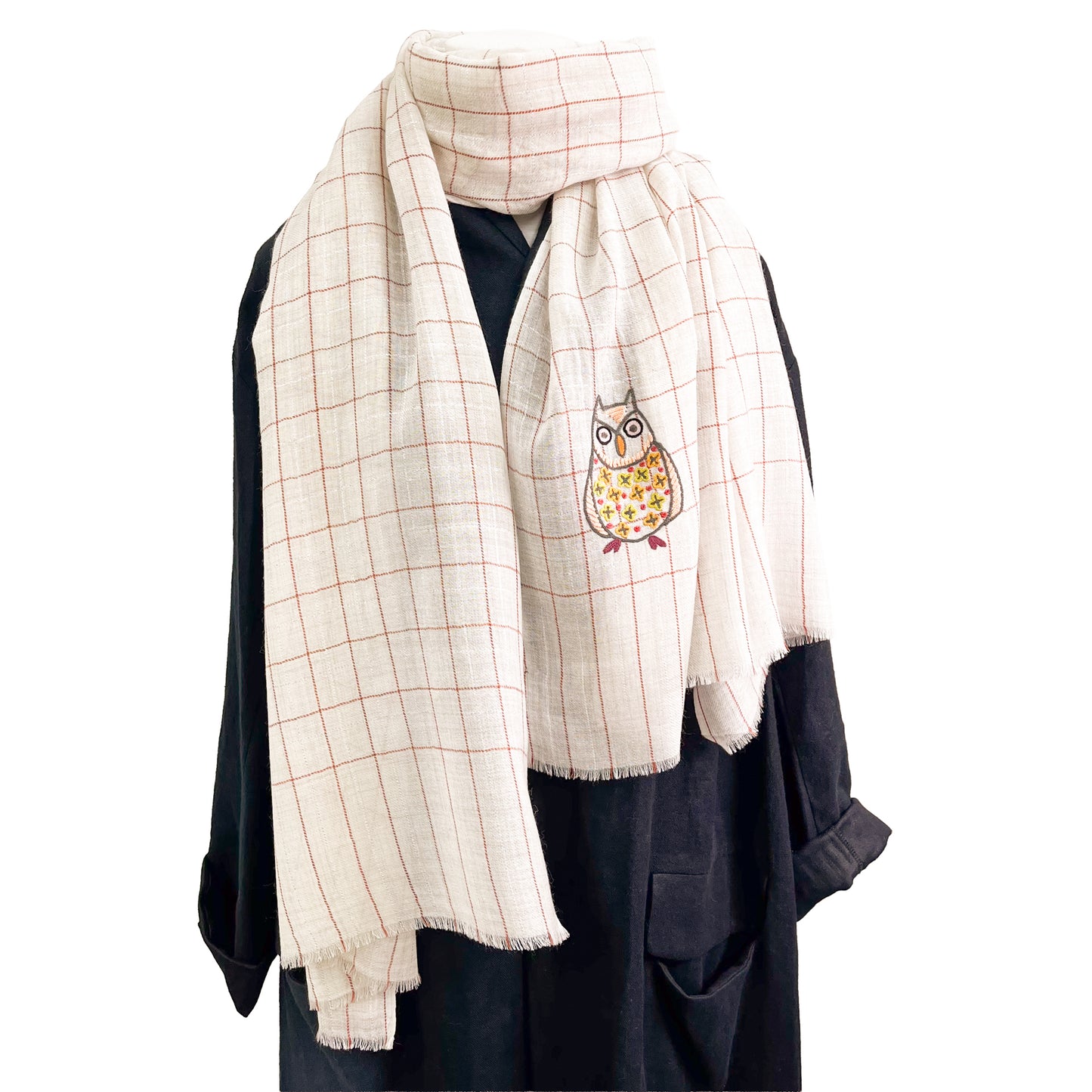 ウール&シルク アリー手刺繍ストール フクロウ (ホワイト)