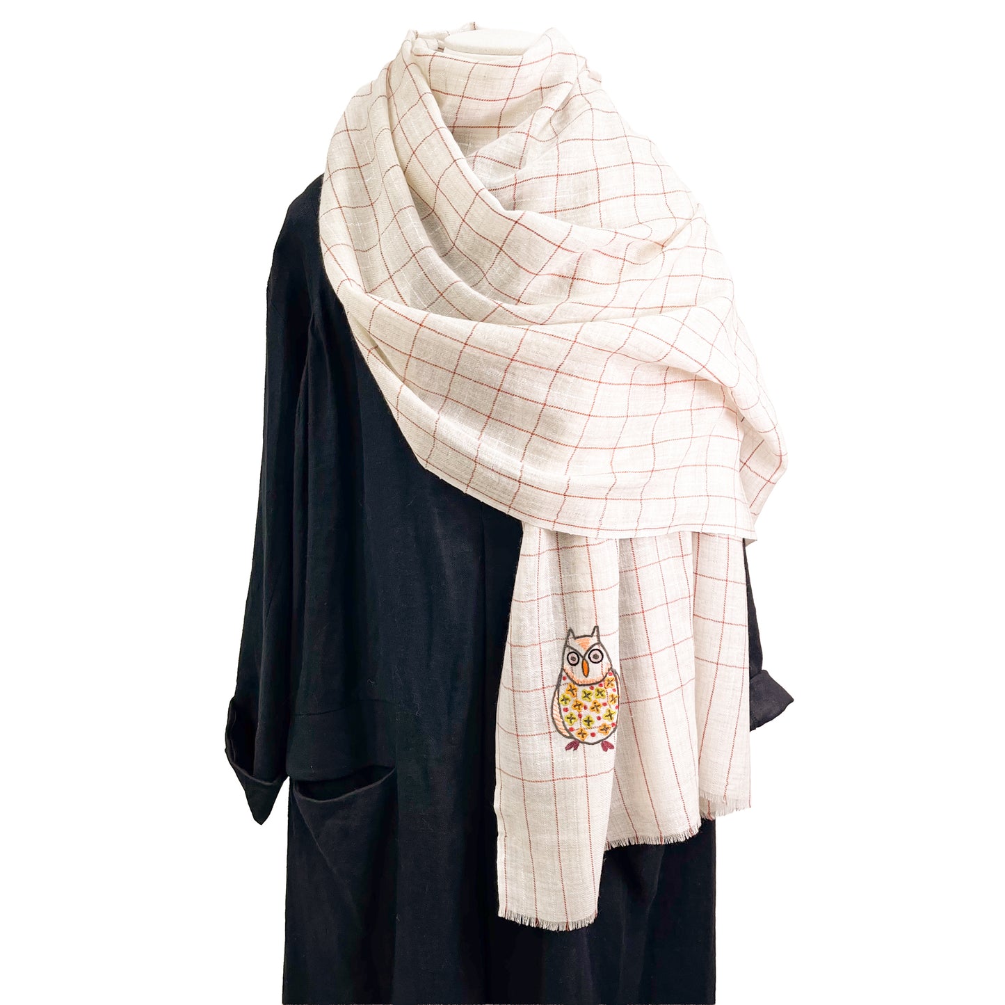 ウール&シルク アリー手刺繍ストール フクロウ (ホワイト)