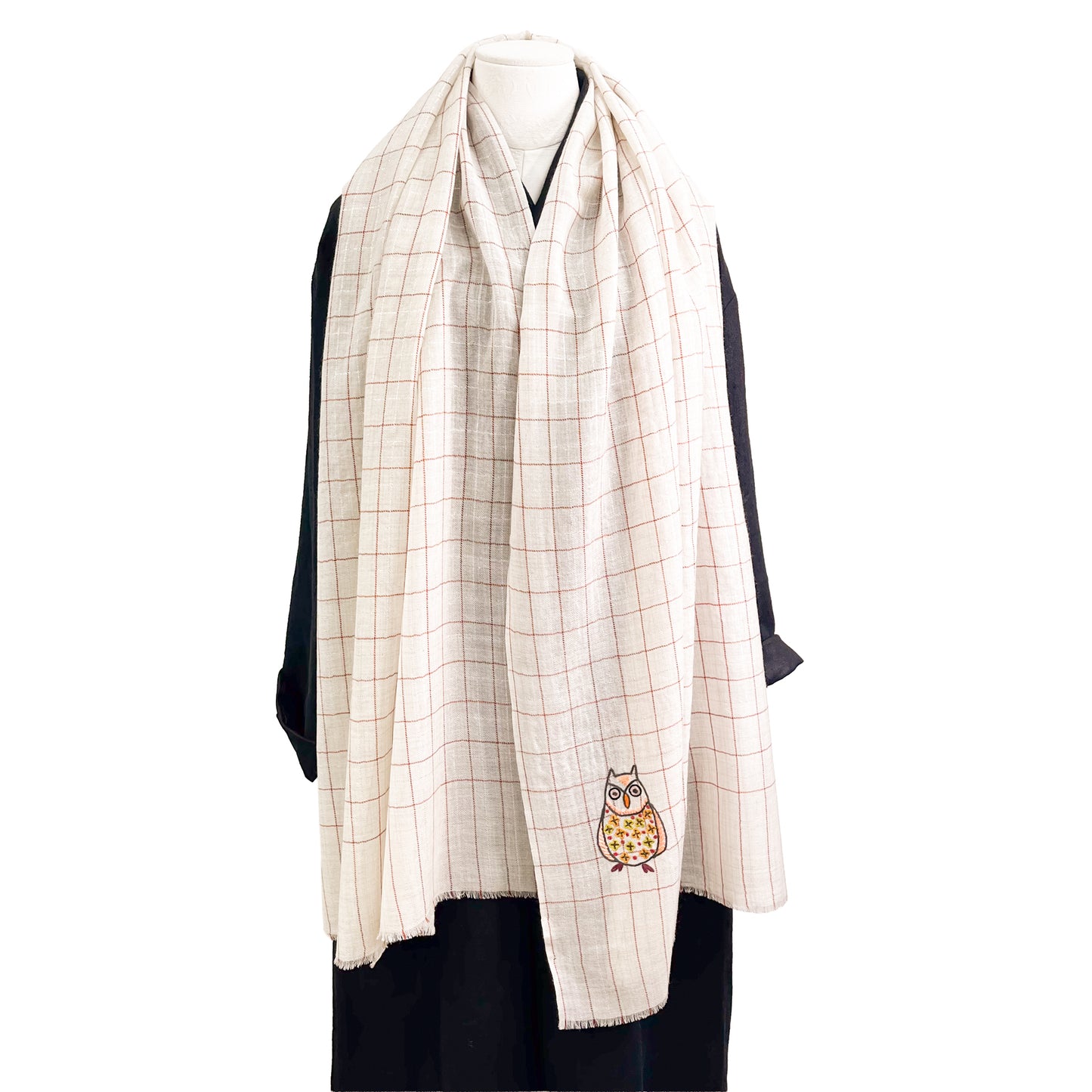 ウール&シルク アリー手刺繍ストール フクロウ (ホワイト)