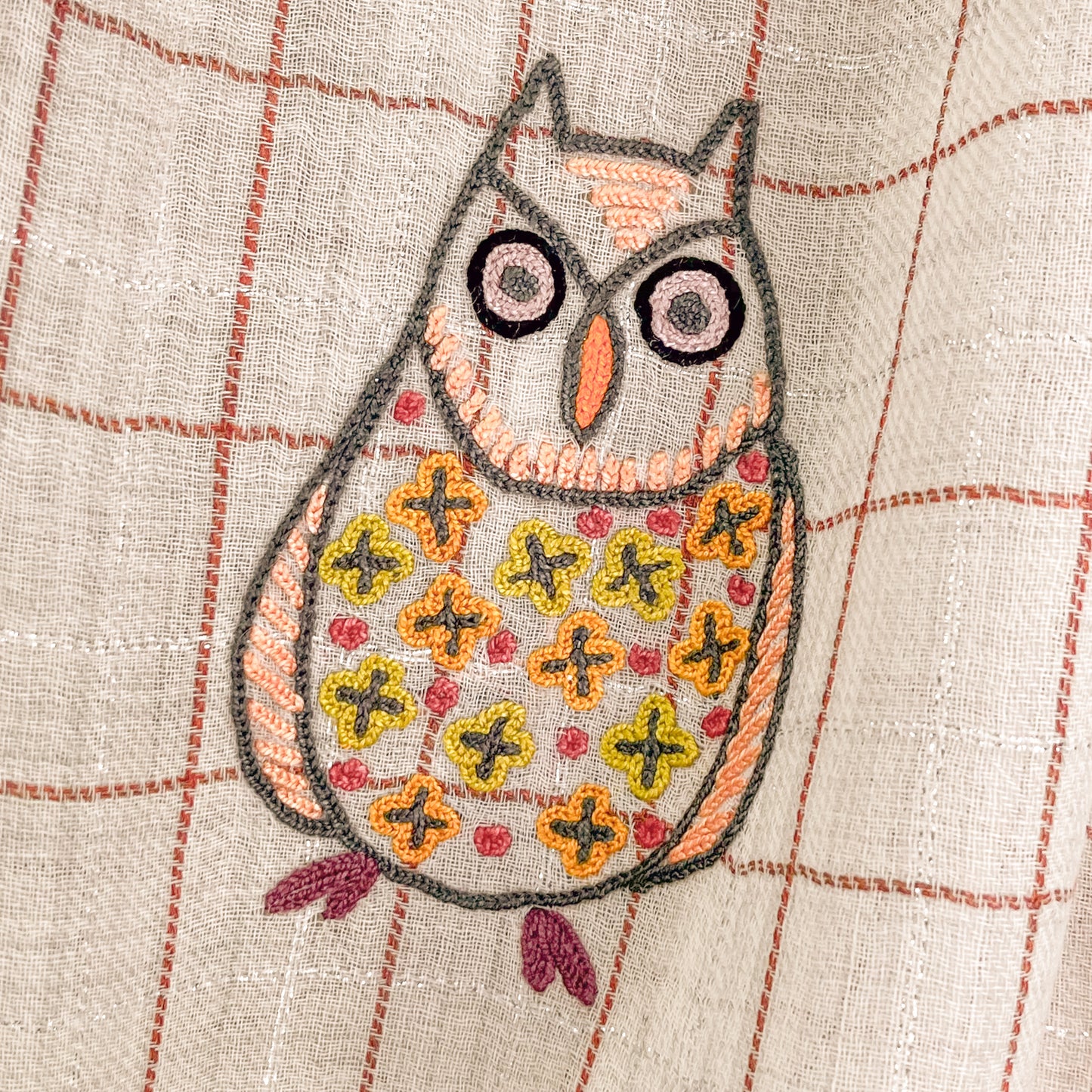 ウール&シルク アリー手刺繍ストール フクロウ (ホワイト)