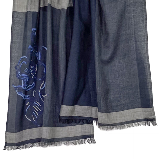 Wool &amp; Silk Ally Hand Embroidered Stole (Navy/Gray)