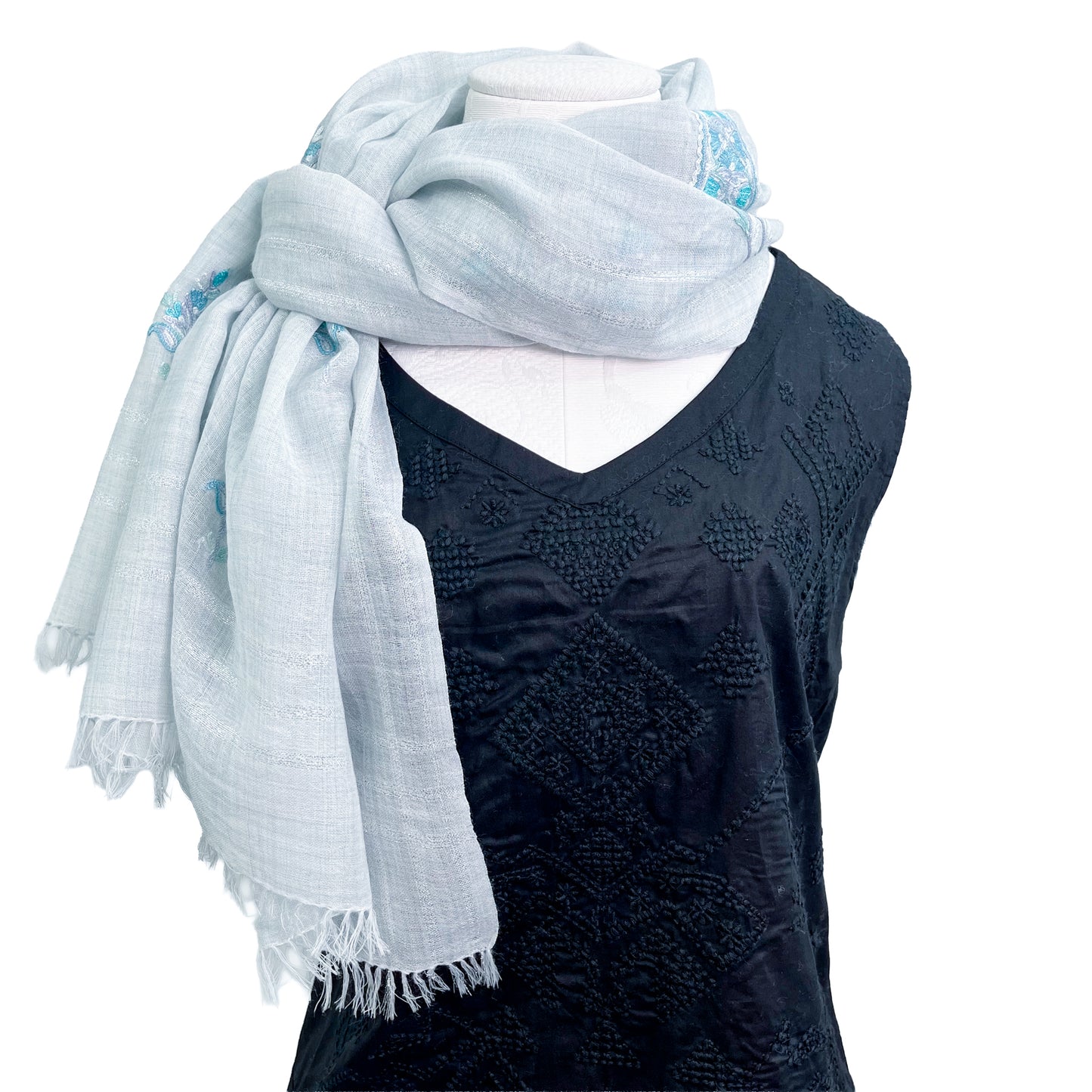 New Ceremony Series Lightweight Wool &amp; Silk Ally Hand Embroidered Stole 70cm x 196cm (Blue Gray)