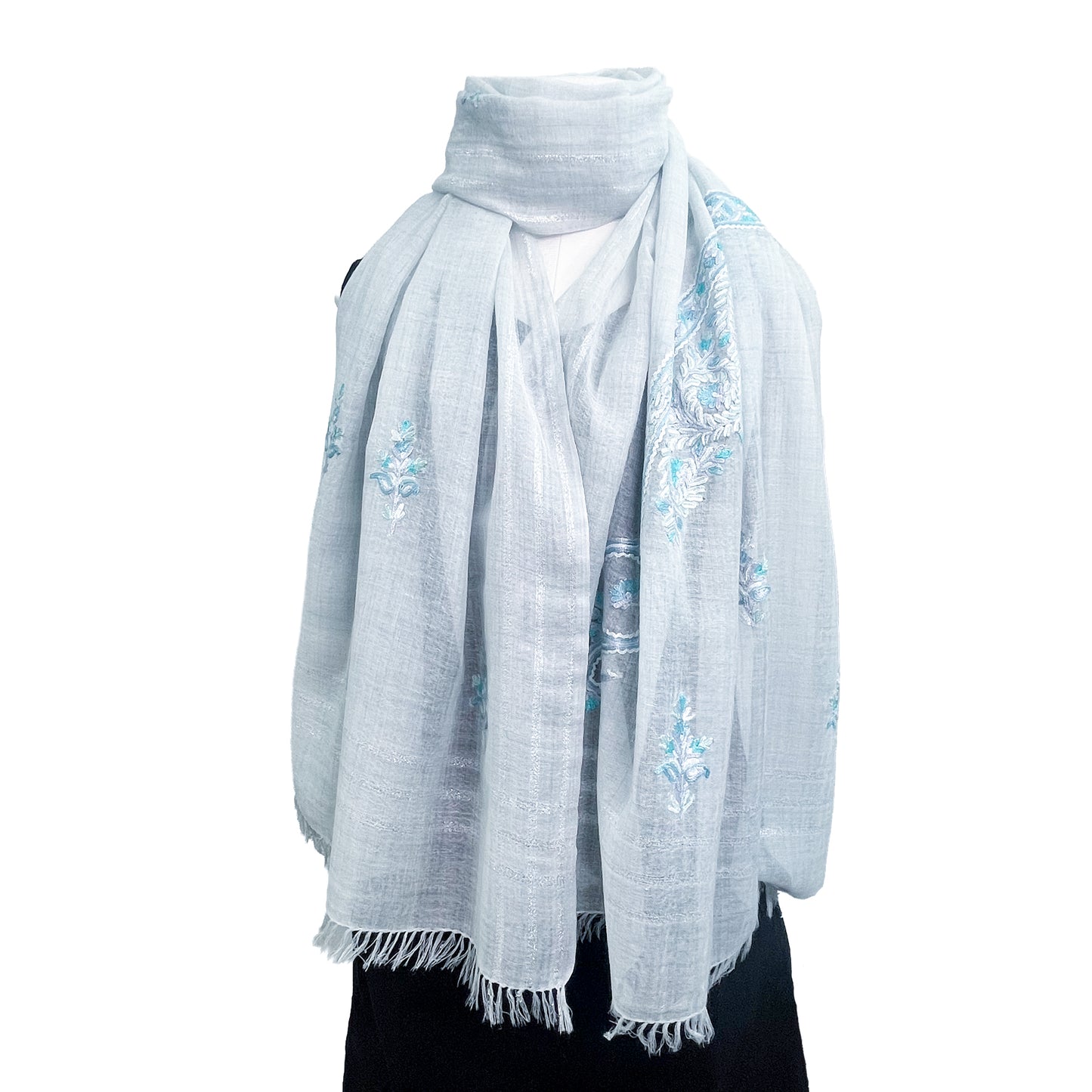 New Ceremony Series Lightweight Wool &amp; Silk Ally Hand Embroidered Stole 70cm x 196cm (Blue Gray)