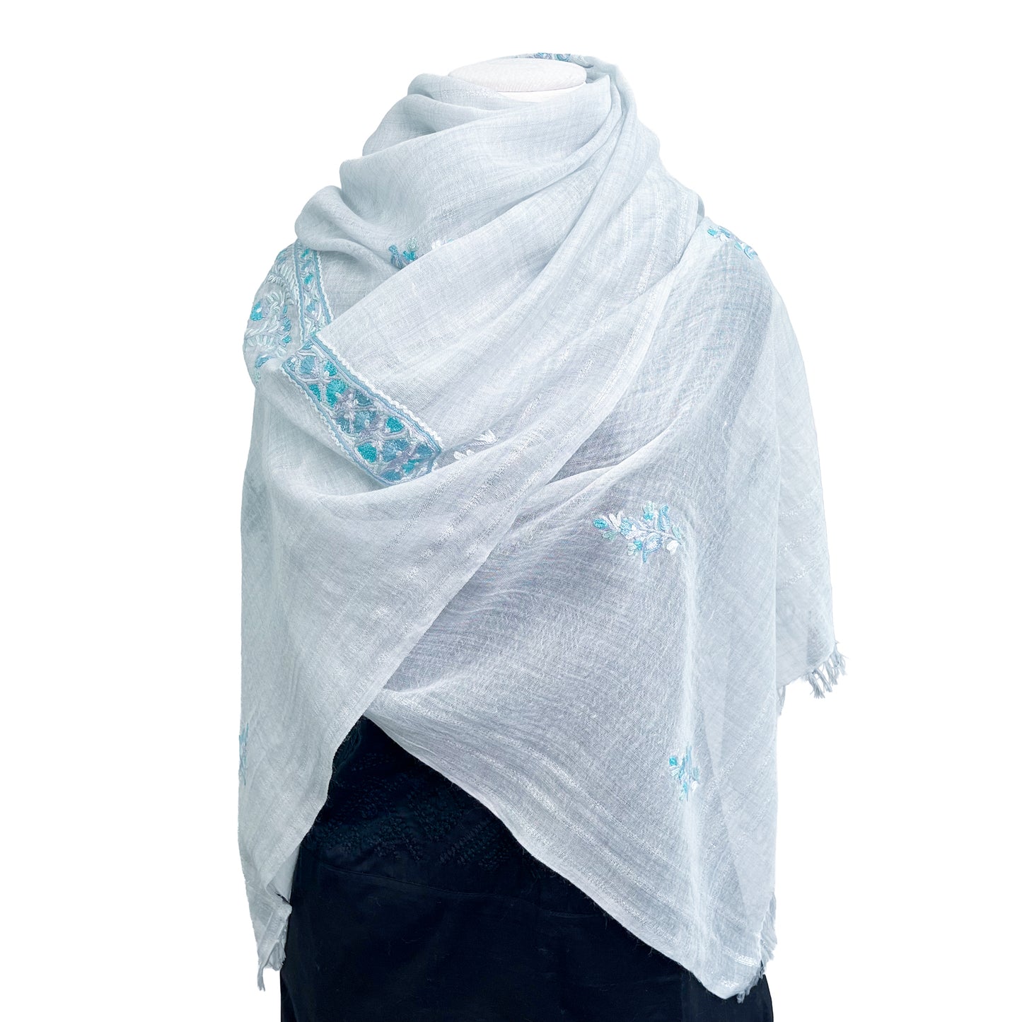 New Ceremony Series Lightweight Wool &amp; Silk Ally Hand Embroidered Stole 70cm x 196cm (Blue Gray)