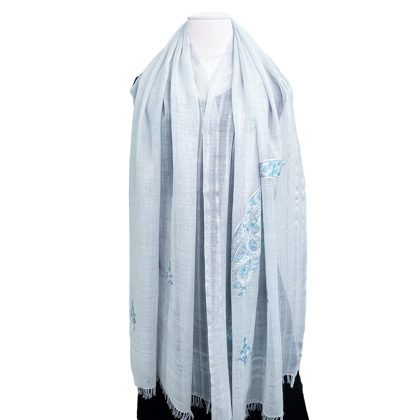 New Ceremony Series Lightweight Wool &amp; Silk Ally Hand Embroidered Stole 70cm x 196cm (Blue Gray)