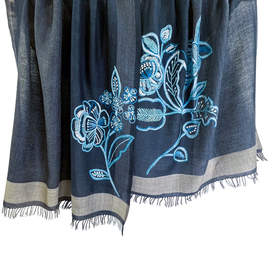 Wool & Silk Ally Hand Embroidered Stole (Orange/Grey)