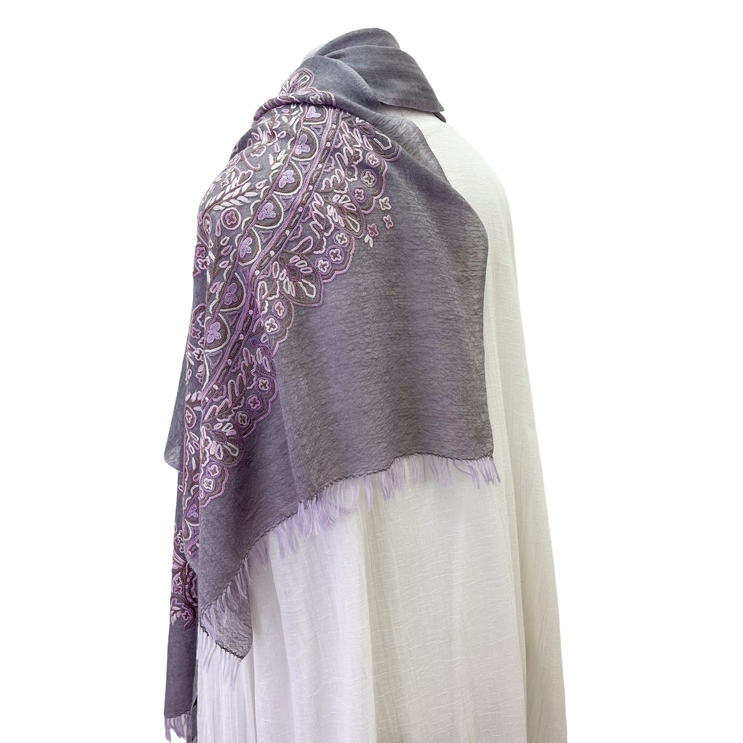Lace 薄手ウール&シルク アリー手刺繍ストール (グレージュ/パープル)