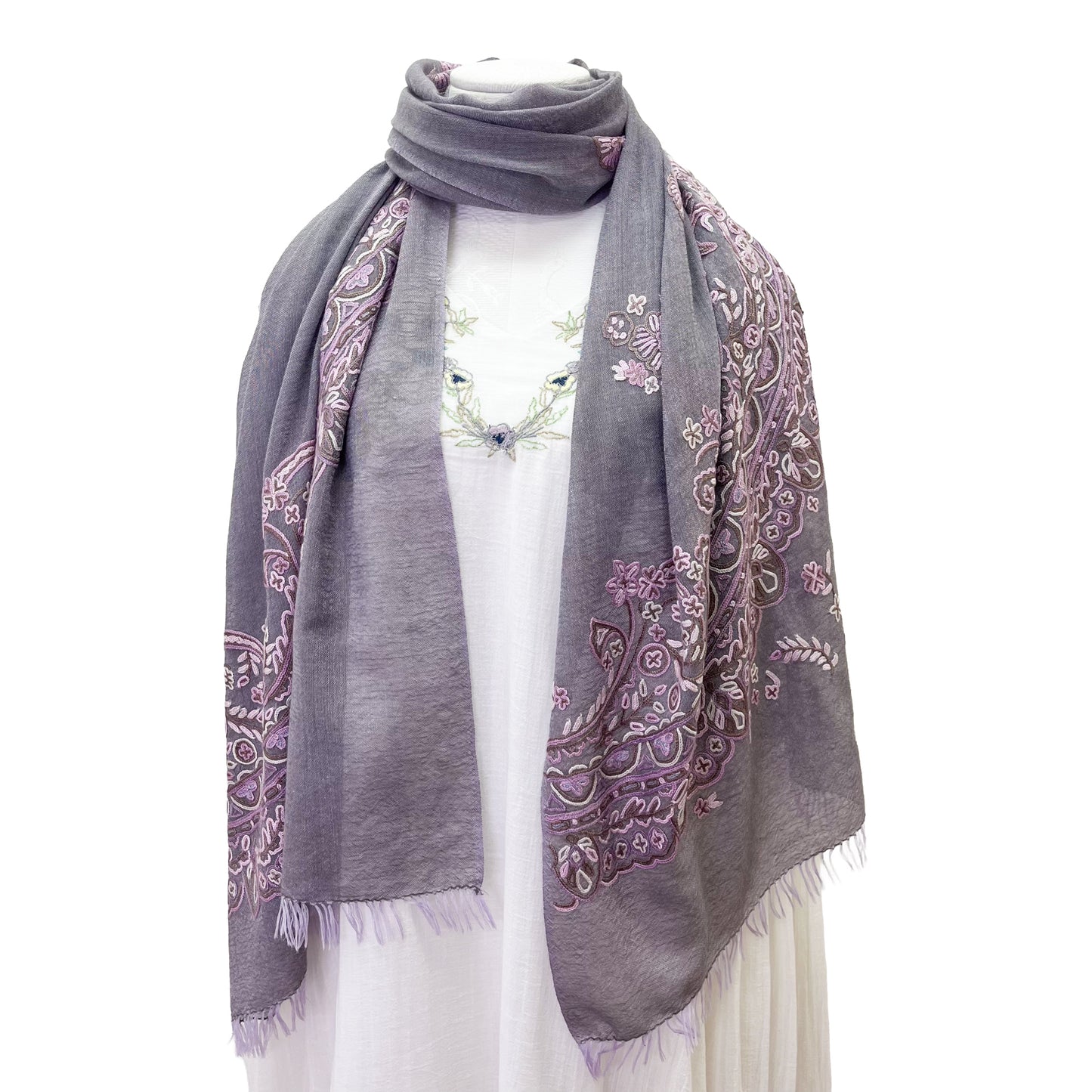 Lace 薄手ウール&シルク アリー手刺繍ストール (グレージュ/パープル)