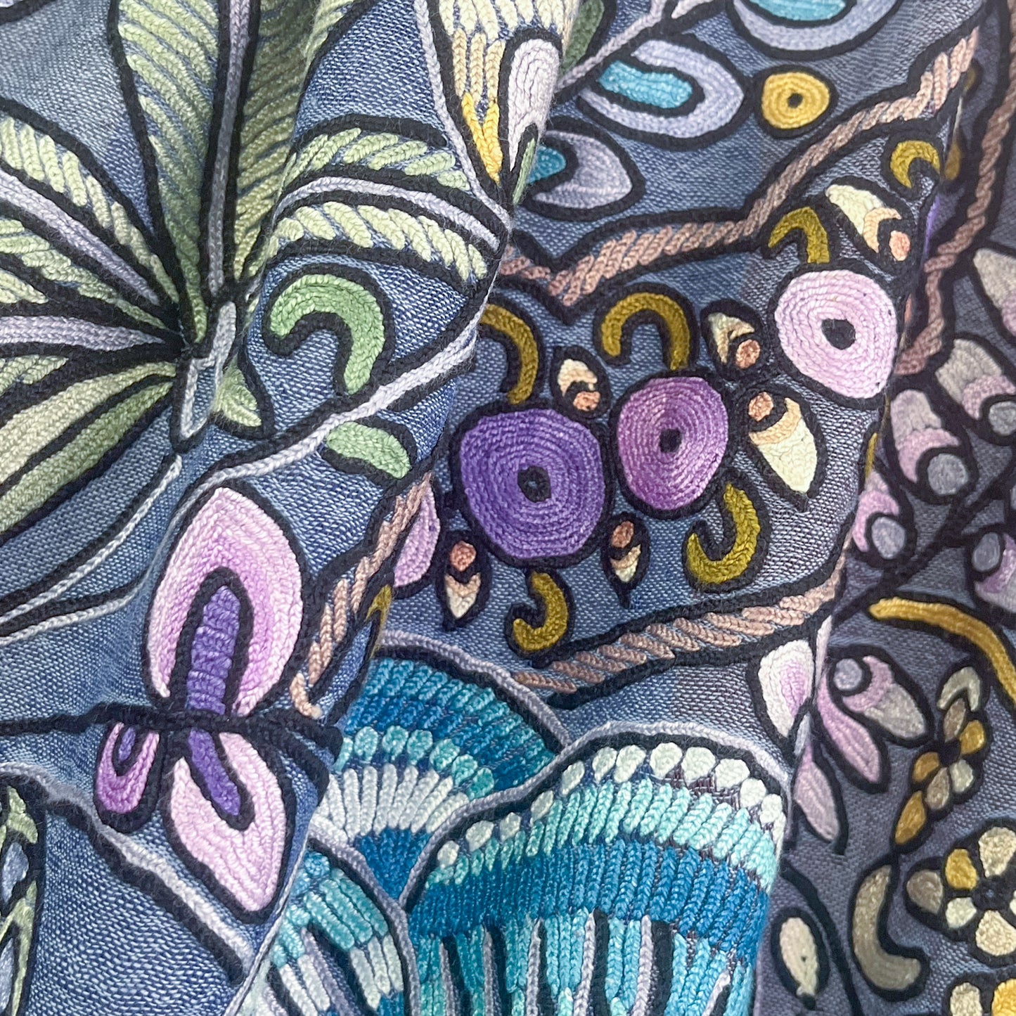 エキゾチックフラワー ウール&シルク アリー手刺繍ストール (ブルー)