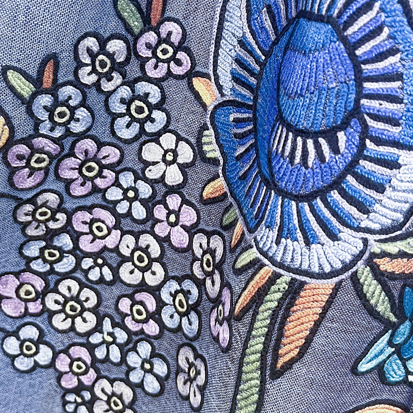 エキゾチックフラワー ウール&シルク アリー手刺繍ストール (ブルー)