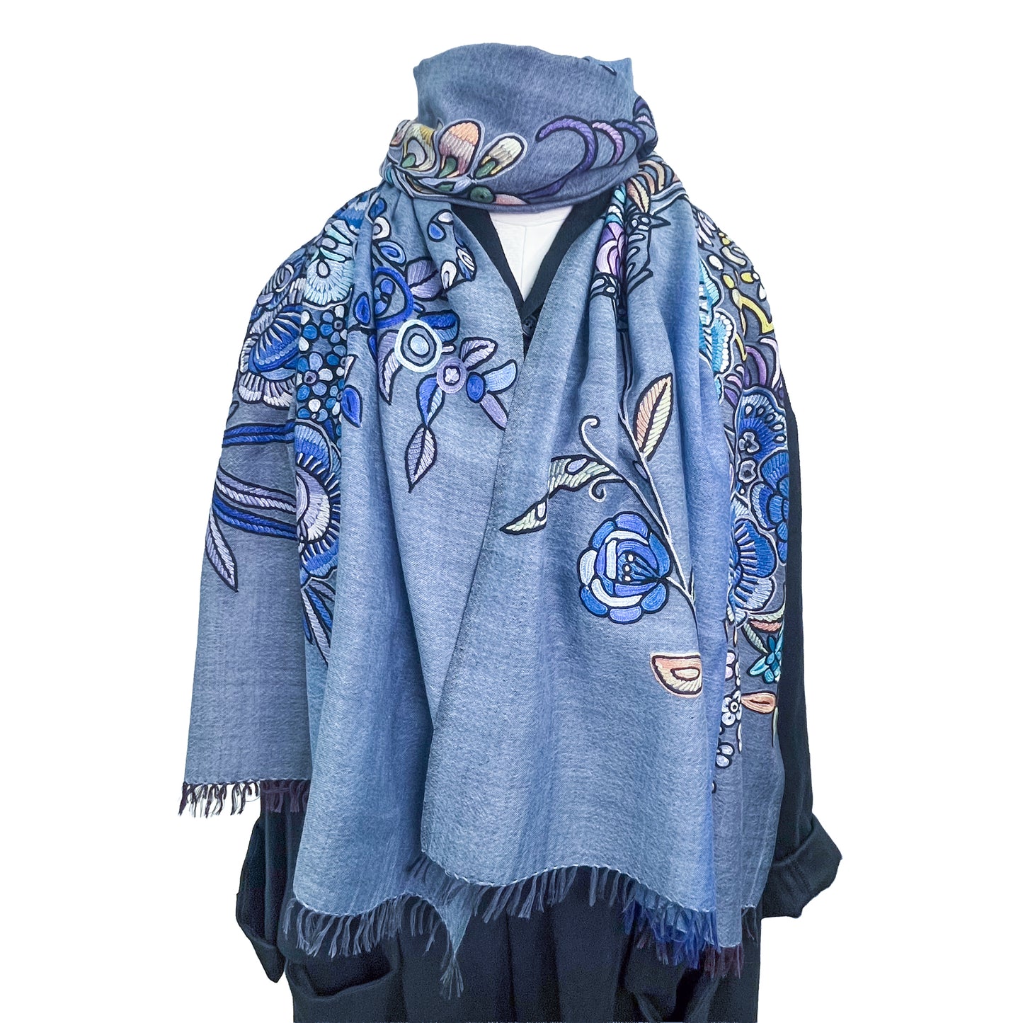 エキゾチックフラワー ウール&シルク アリー手刺繍ストール (ブルー)