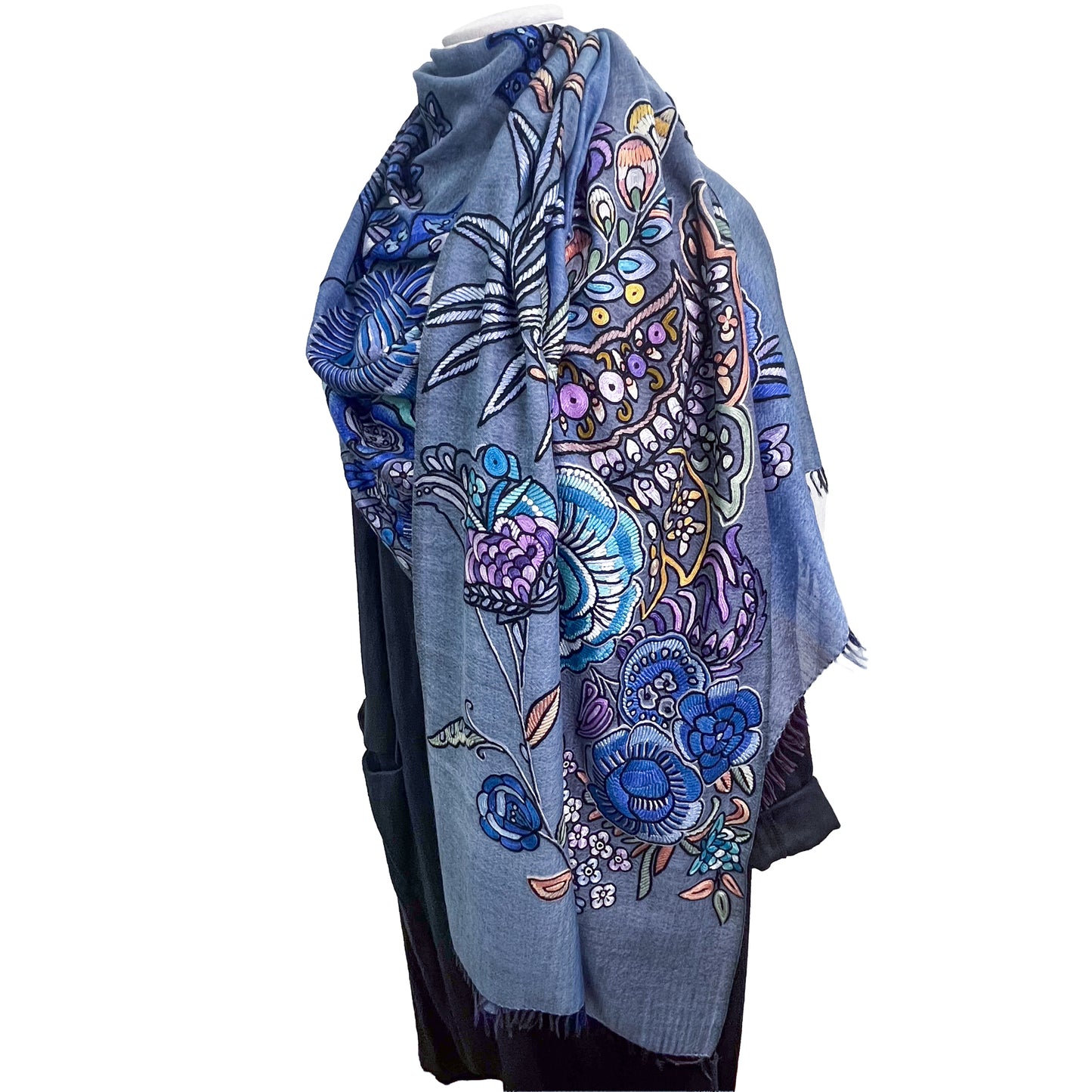 エキゾチックフラワー ウール&シルク アリー手刺繍ストール (ブルー)