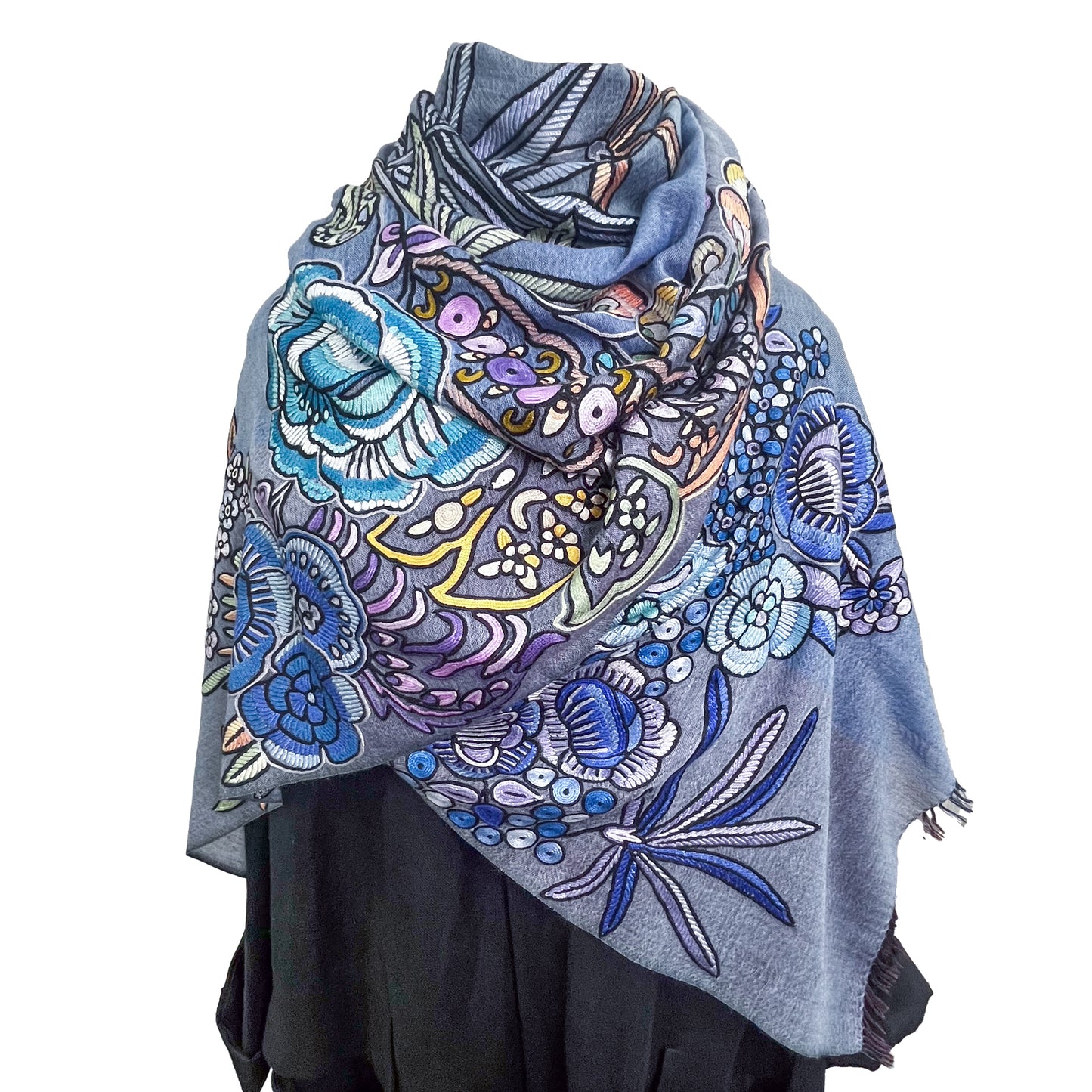 エキゾチックフラワー ウール&シルク アリー手刺繍ストール (ブルー)