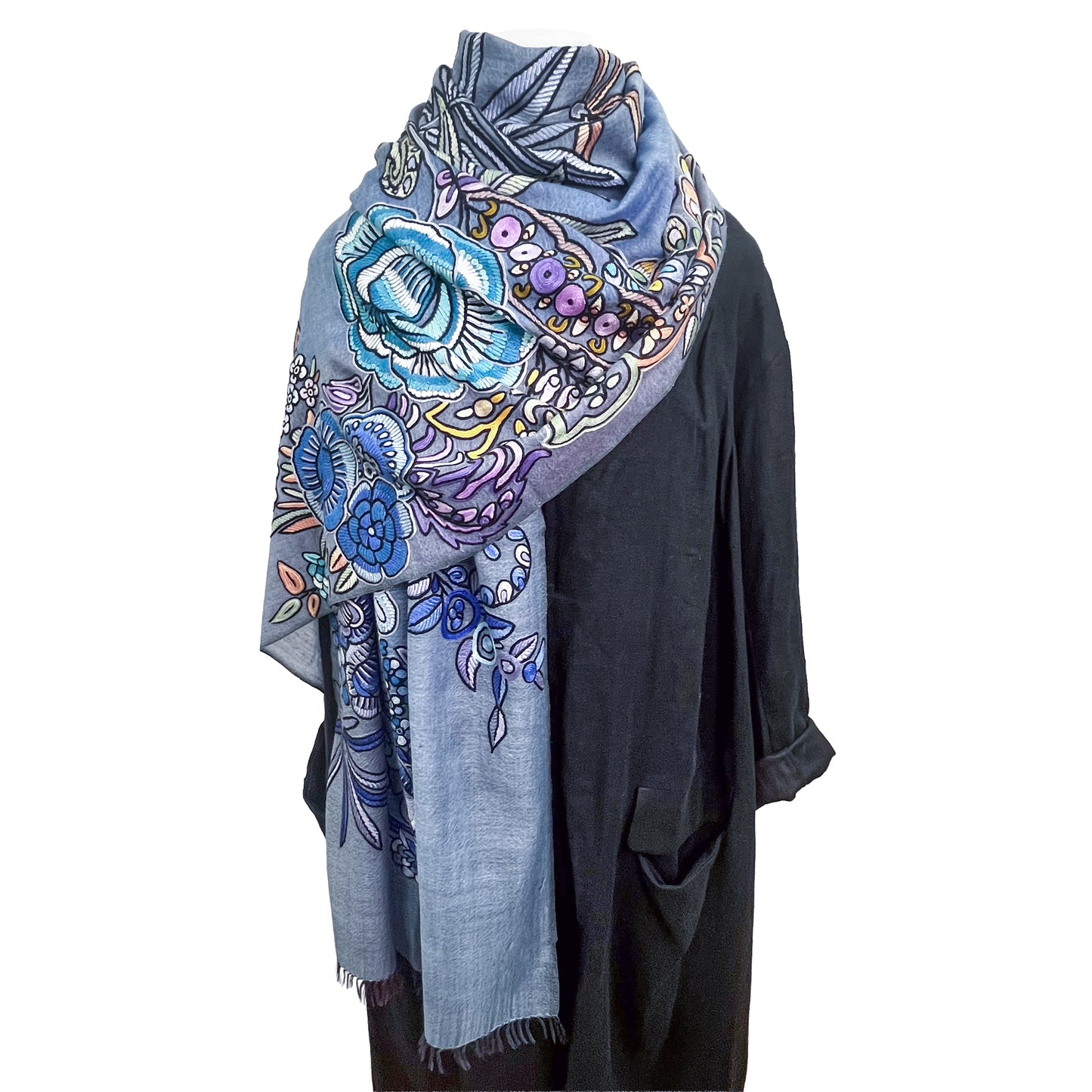 エキゾチックフラワー ウール&シルク アリー手刺繍ストール (ブルー)