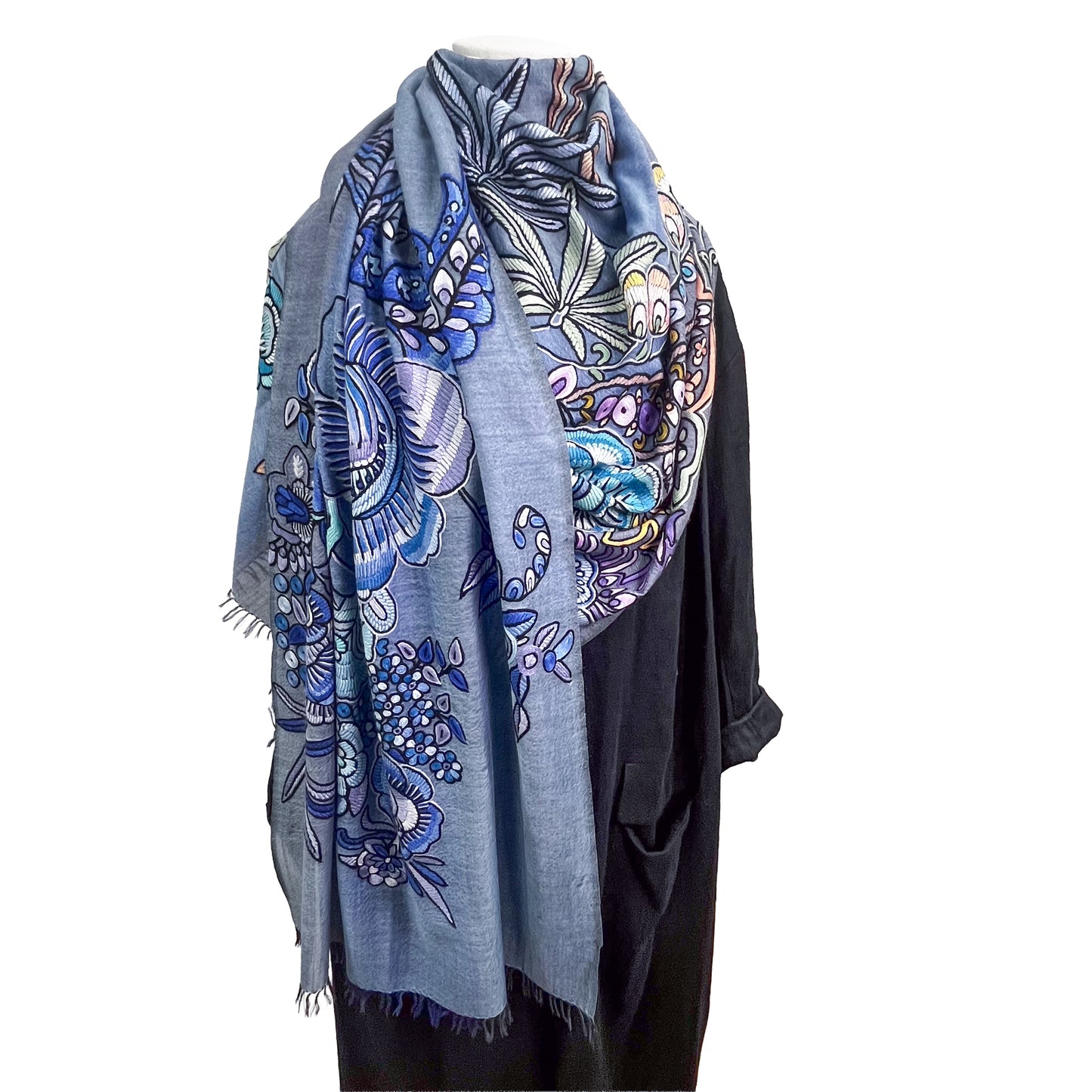 エキゾチックフラワー ウール&シルク アリー手刺繍ストール (ブルー)