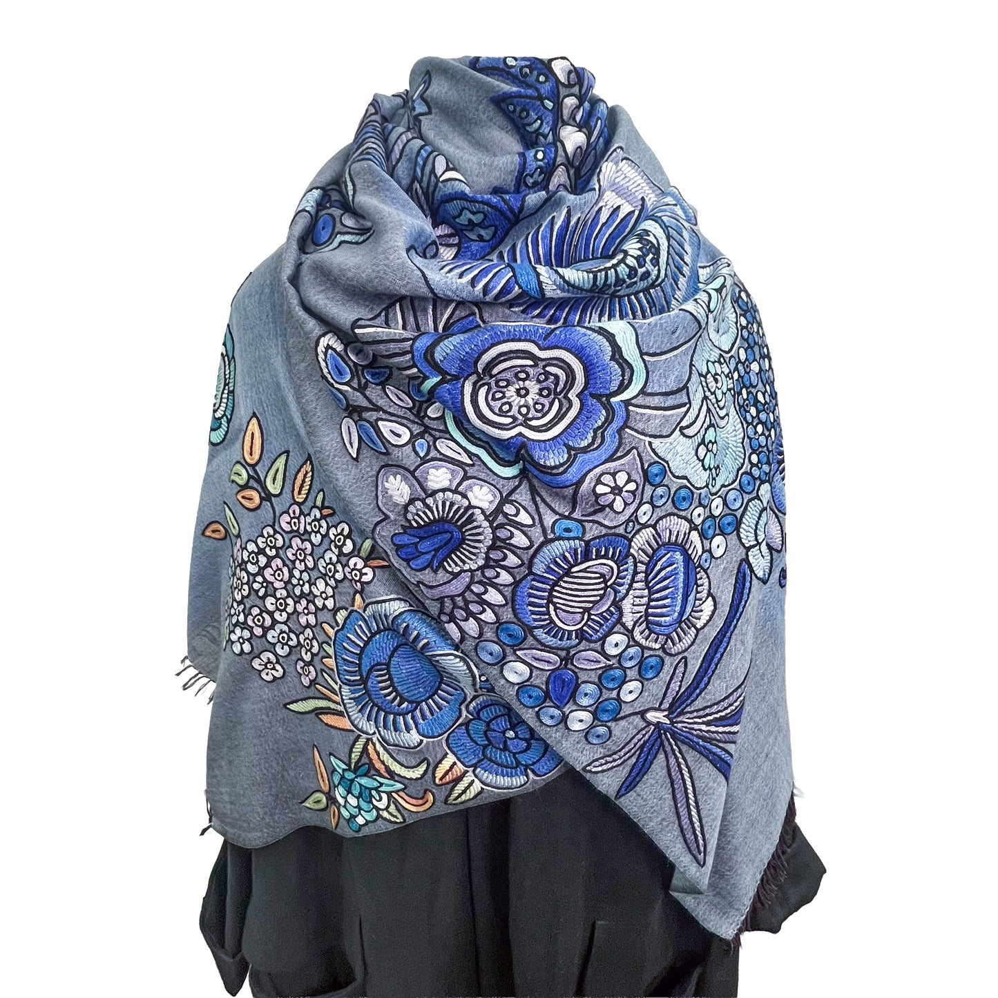 エキゾチックフラワー ウール&シルク アリー手刺繍ストール (ブルー)
