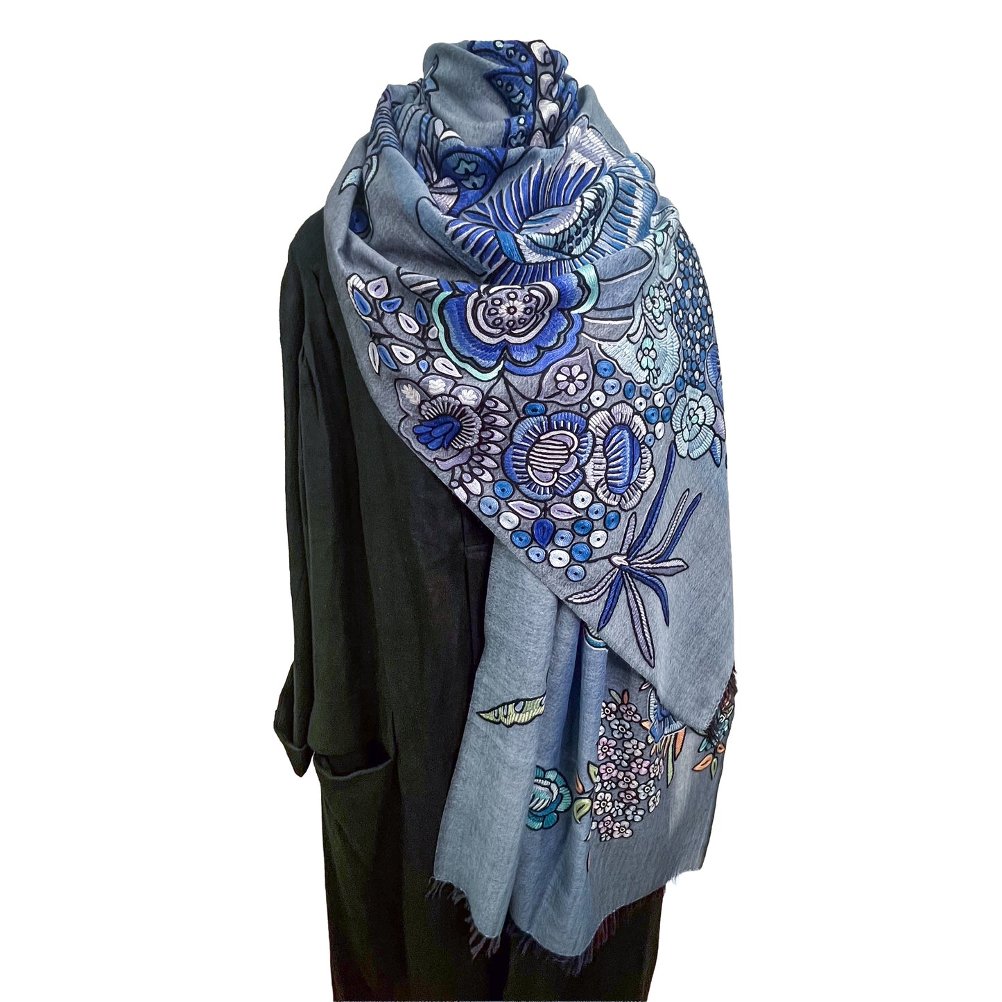 エキゾチックフラワー ウール&シルク アリー手刺繍ストール (ブルー)