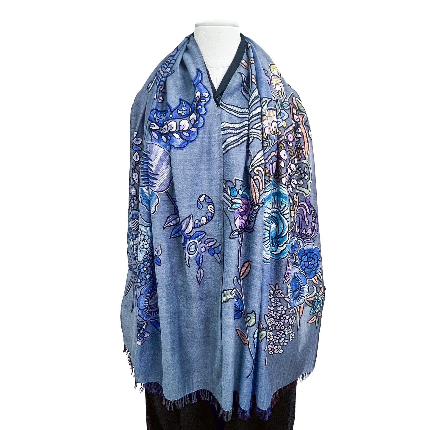 エキゾチックフラワー ウール&シルク アリー手刺繍ストール (ブルー)