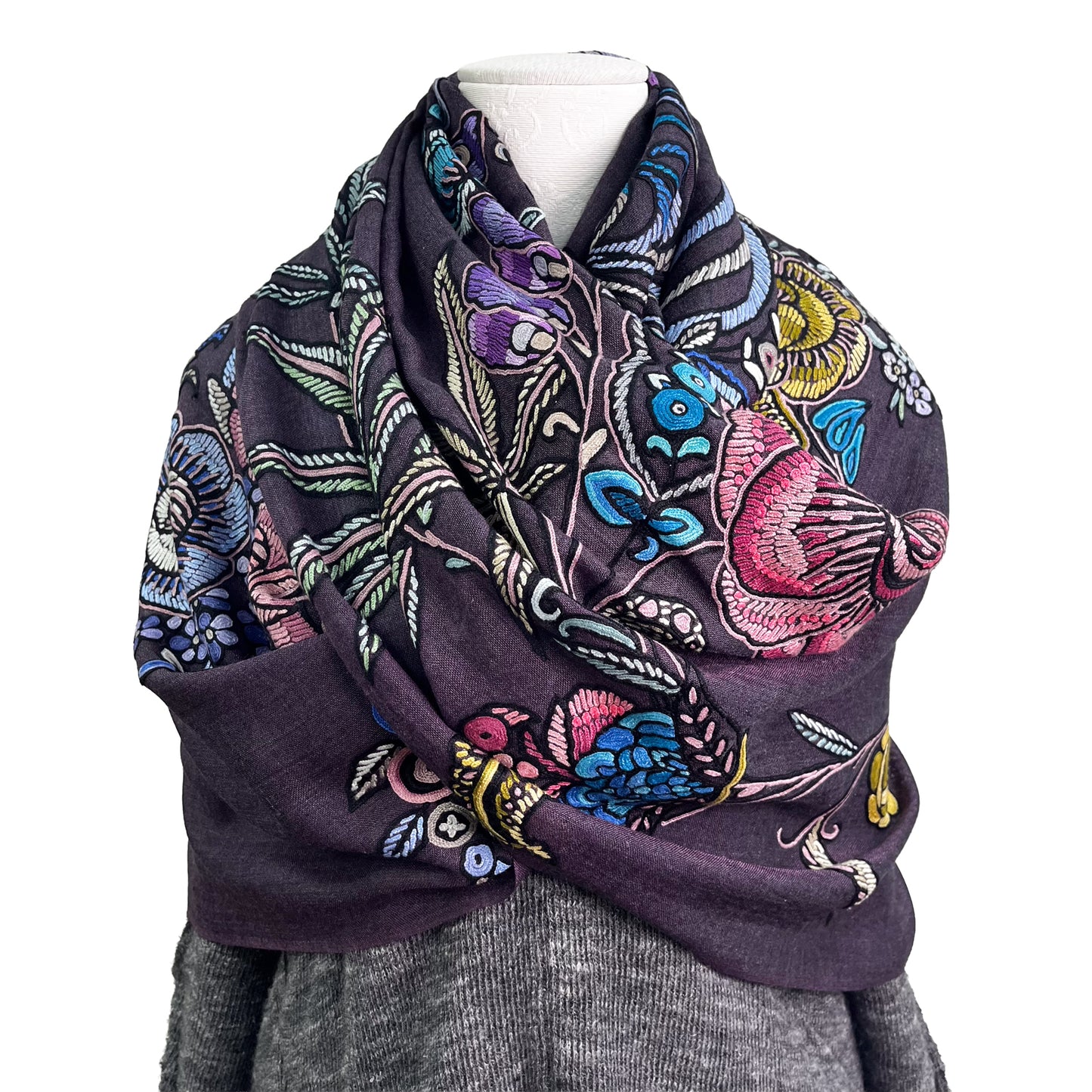 [Free Shipping] Exotic Flower Wool &amp; Silk Allie Hand Embroidered Stole 188cm x 57cm (Light Orange)